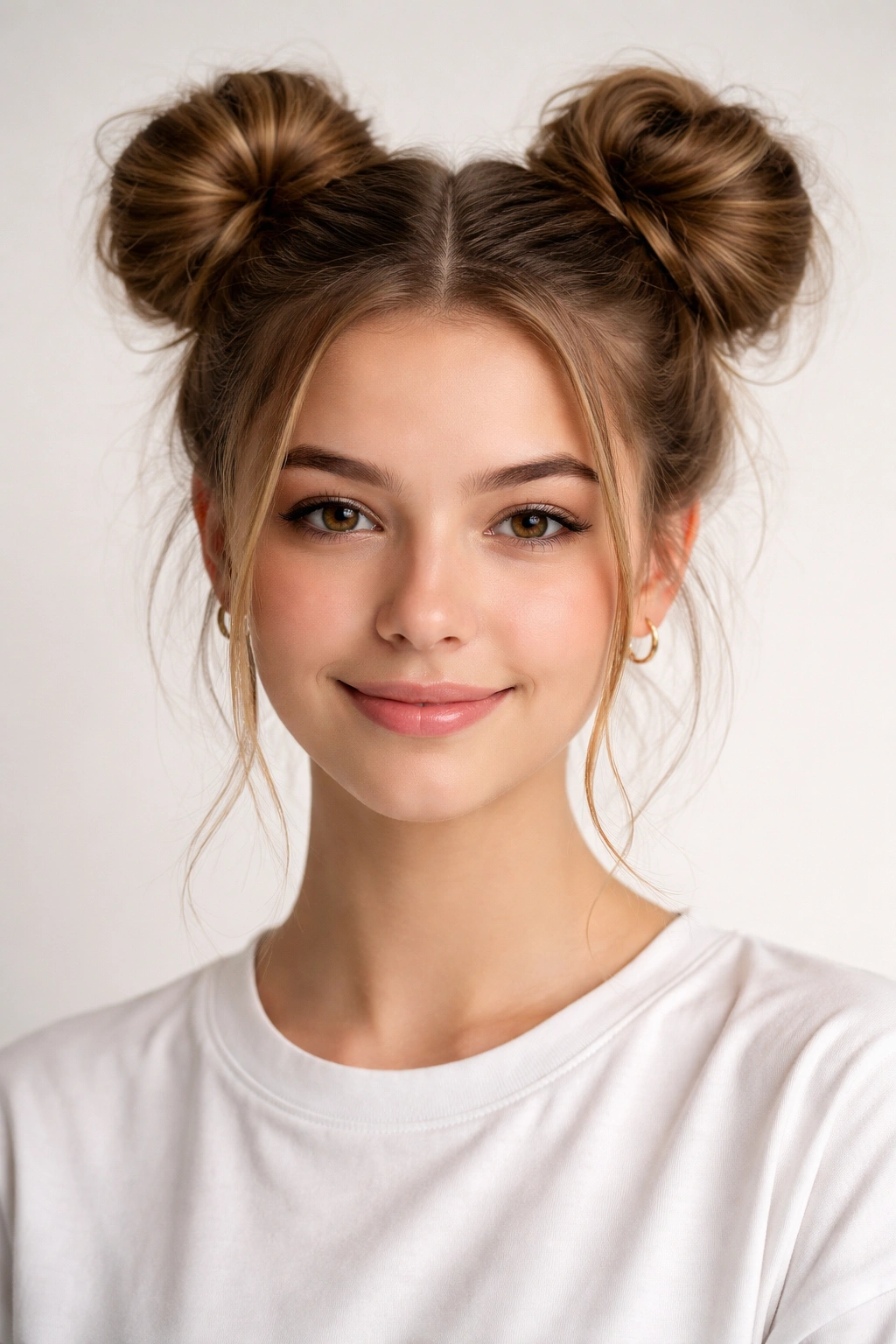 Person with two high space buns on top of the head