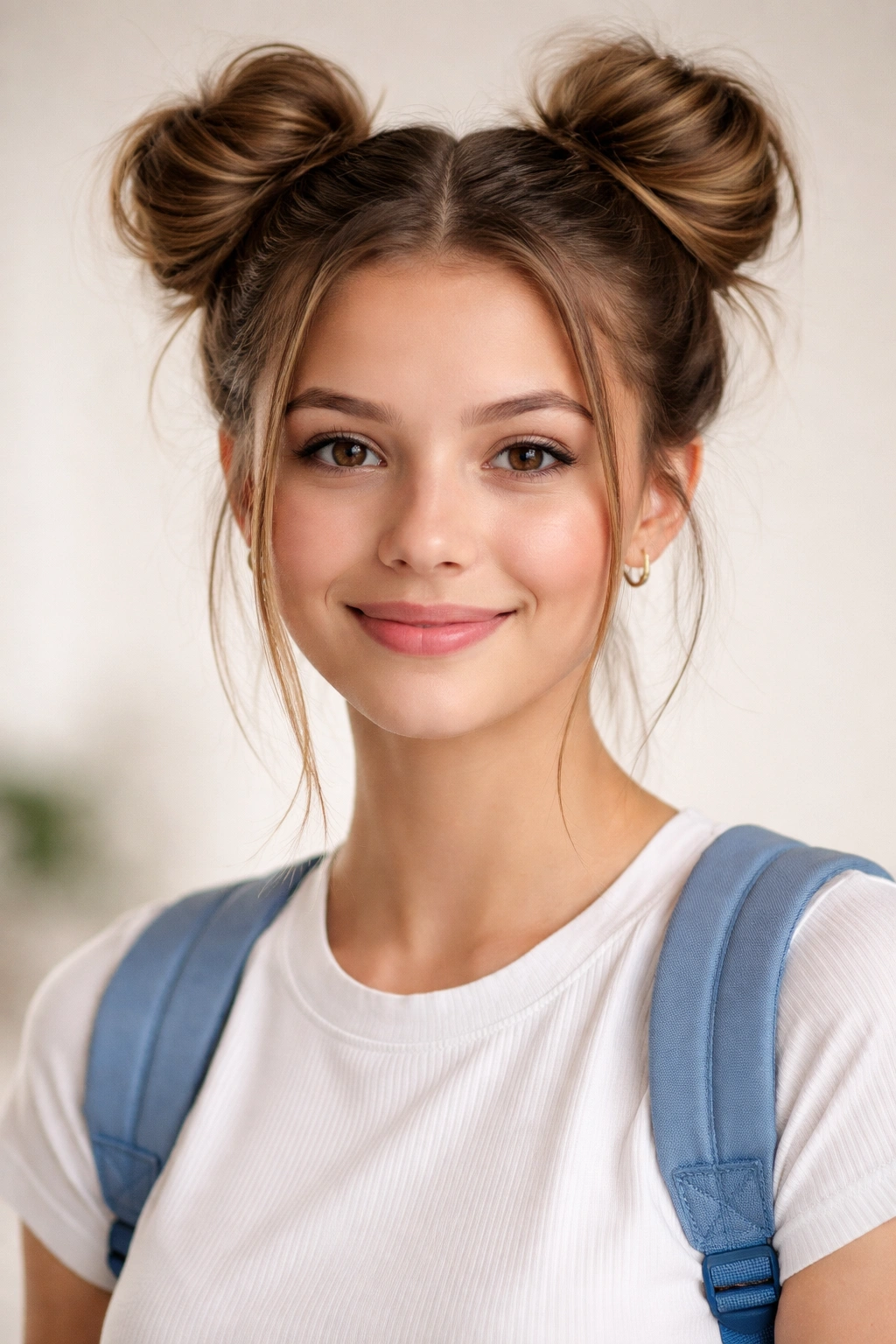 Close-up of space buns hairstyle with a middle part on a head
