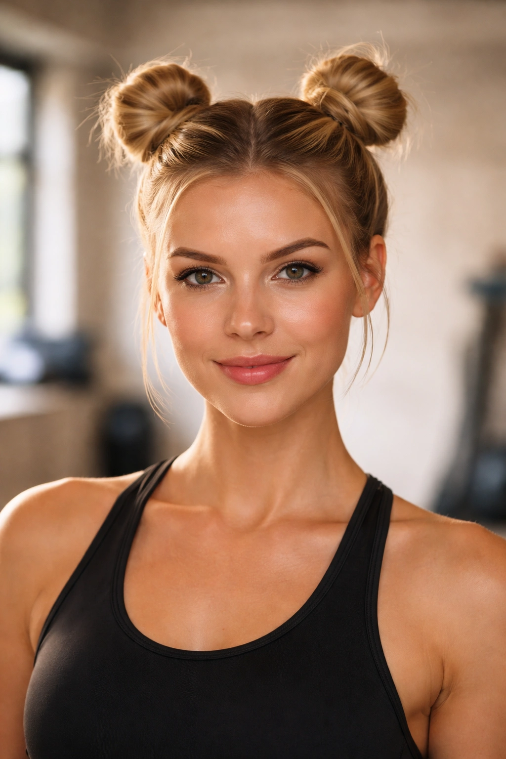 10 Gym Hairstyles For Short Hair That Stay Put 8 Front view of short hair styled into two high space buns