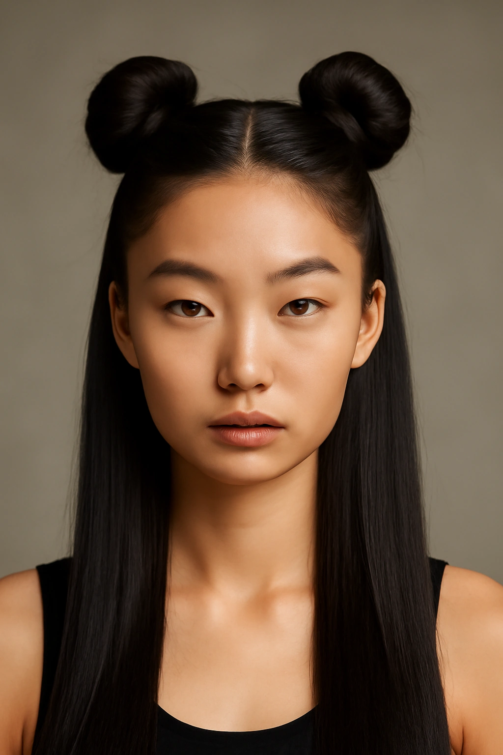 15 Korean Hairstyles Women Are Copying Right Now 11 Two symmetrical space buns on sleek straight hair