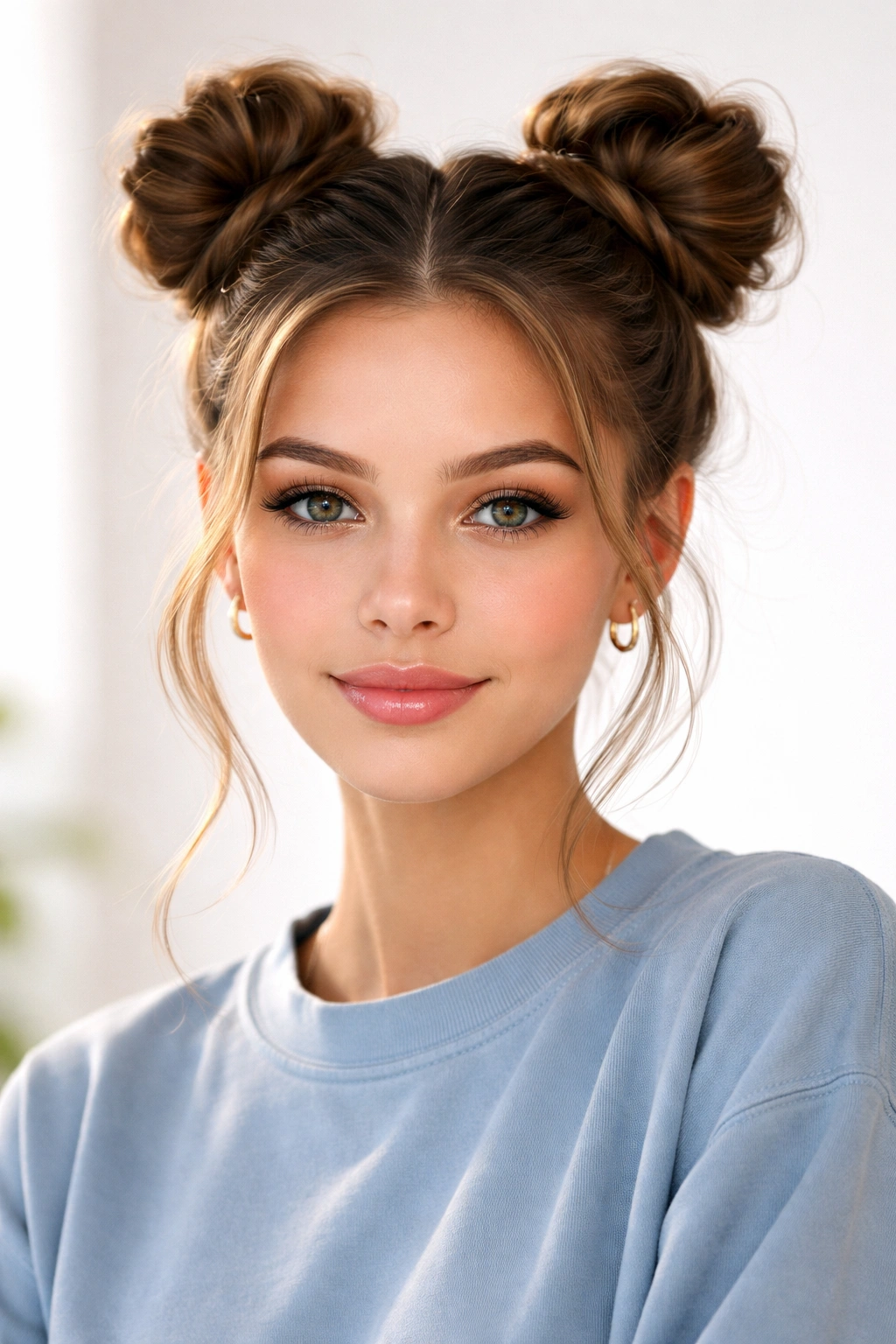 Teen with two high space buns on top of the head.