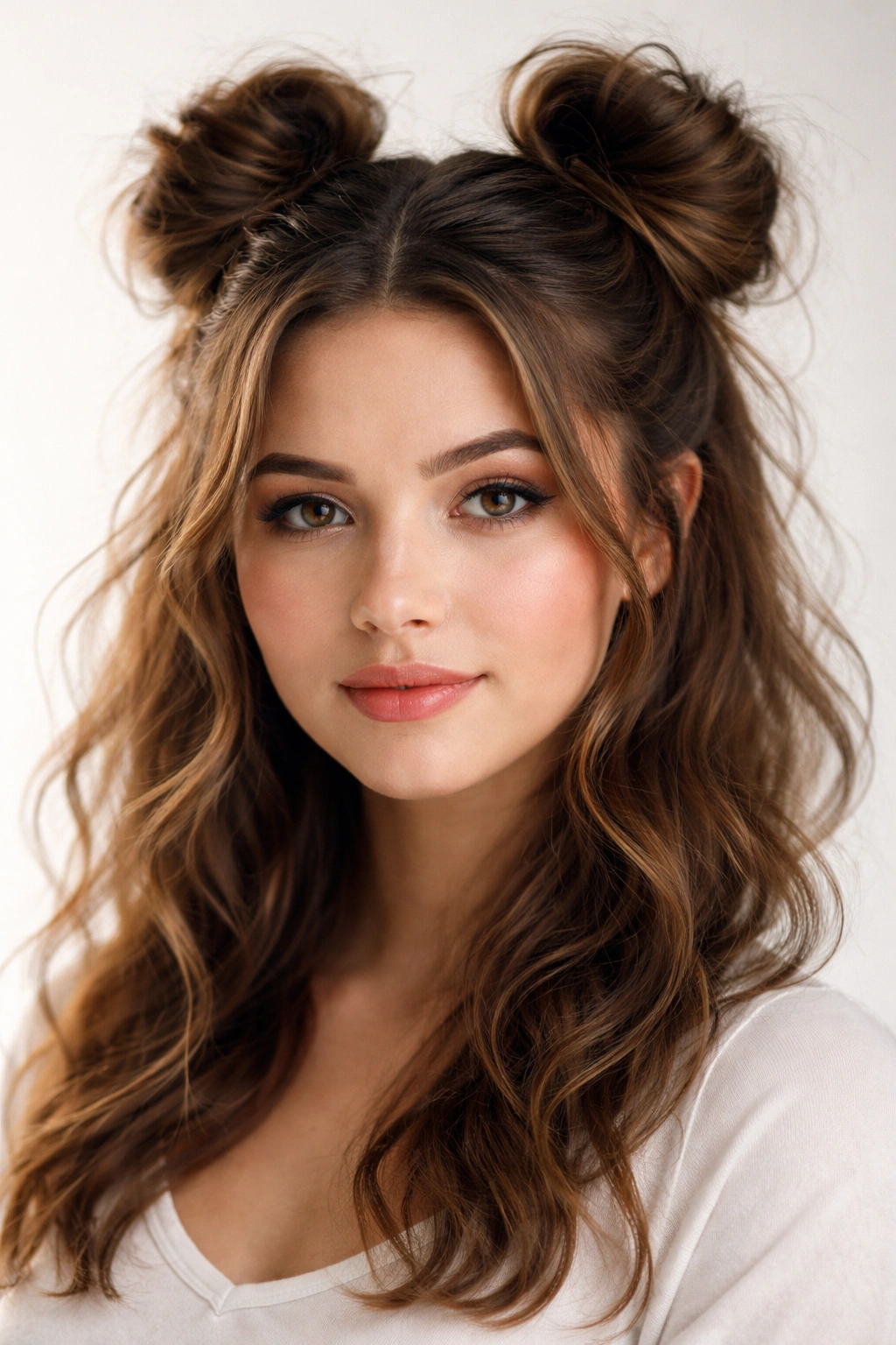 15 Hairstyles For Round Faces You Ll Want To Copy 11 Model with two high space buns and textured hair for height and softness