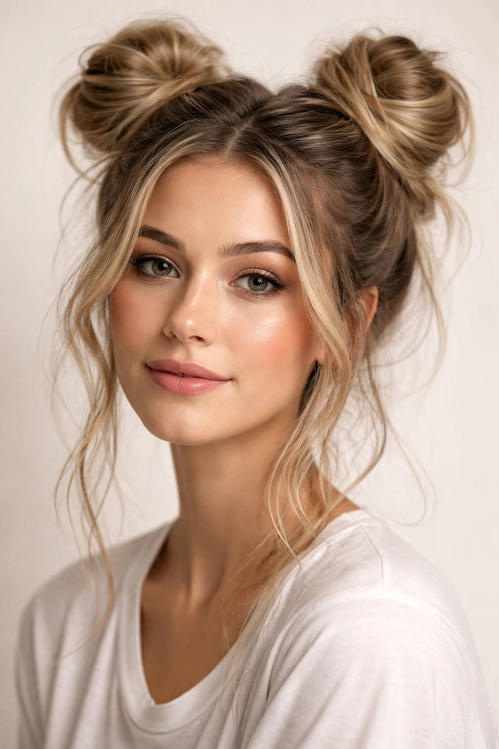 Two space buns on top of head with loose strands