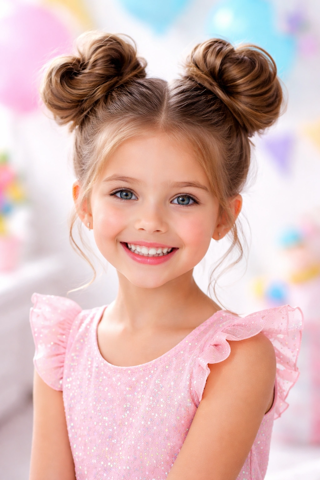 Two high space buns on top of the head with glossy hair