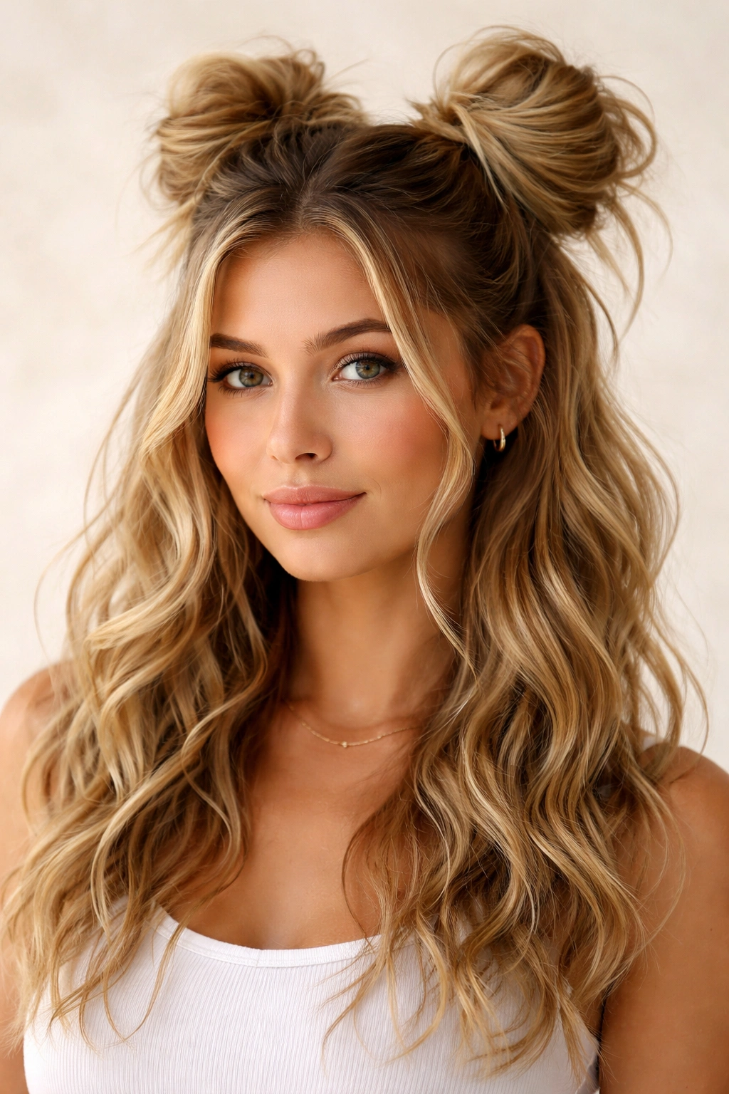 Front view of space buns with wavy ends