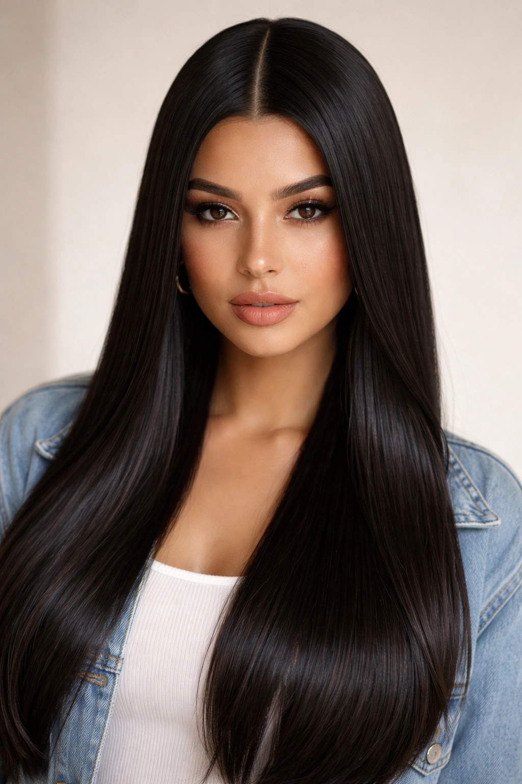10 Hair Ideas For A Casual Shirt And Jeans Outfit 7 Close-up of glossy space-parted straight hair with a sharp deep part.