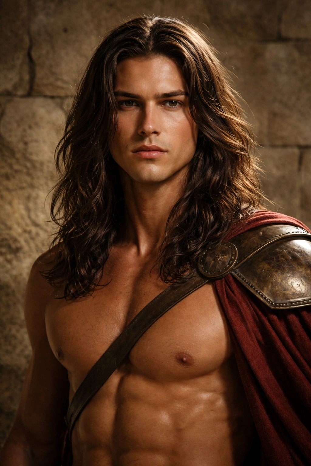 Portrait of a Spartan warrior with long shoulder-length hair, center part, no beard, against a stone wall