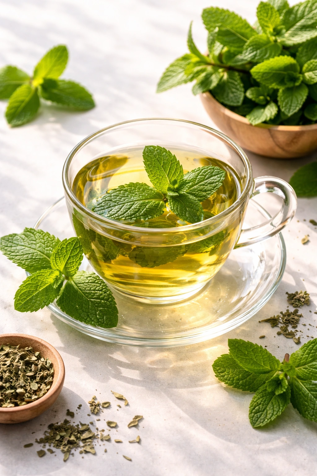 Cup of spearmint tea with fresh mint leaves on a clean surface