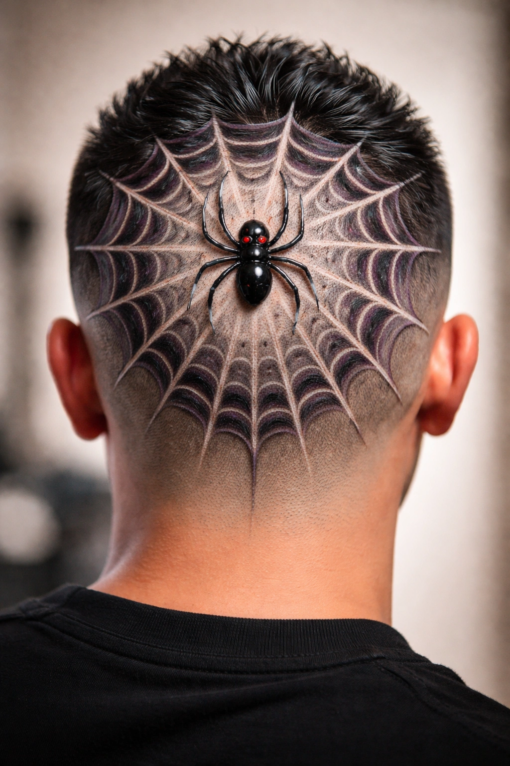 Scalp with intricate spider web pattern and central spider