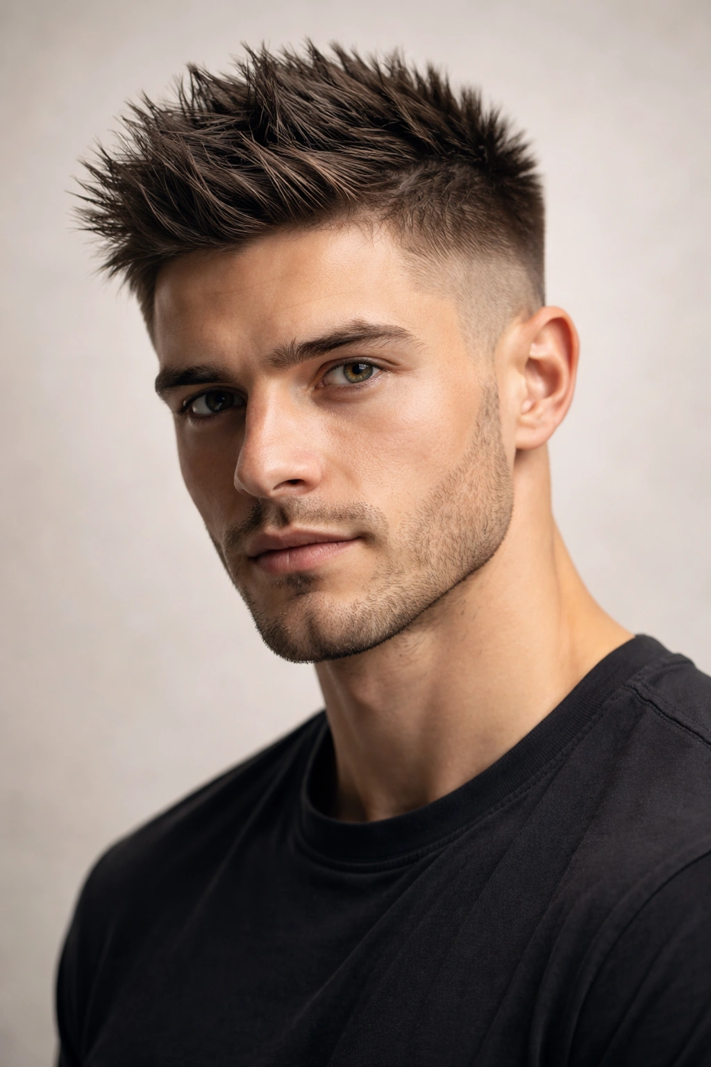 Close-up of a man with a spiky crew cut featuring upward spikes and short sides