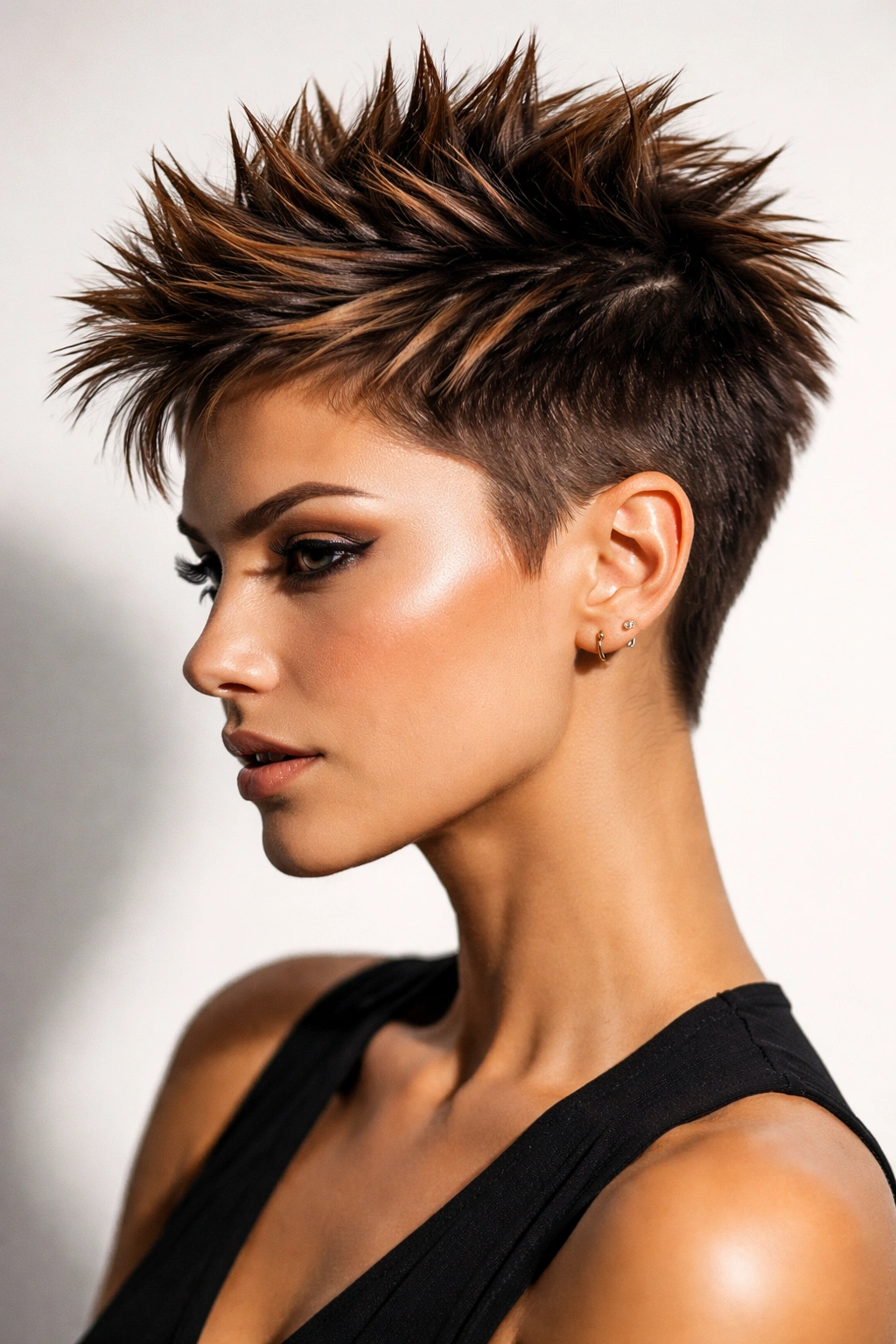 Close up of a person with a spiky crop and caramel highlights, spikes standing up