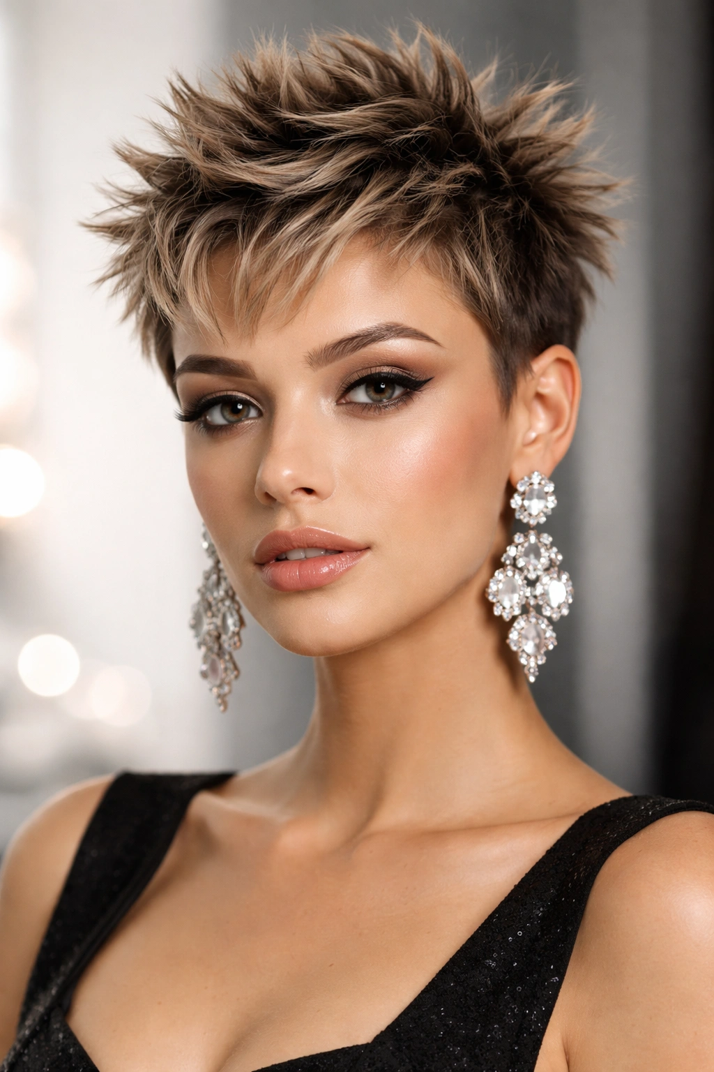 Spiky textured crop with bold earrings hairstyle