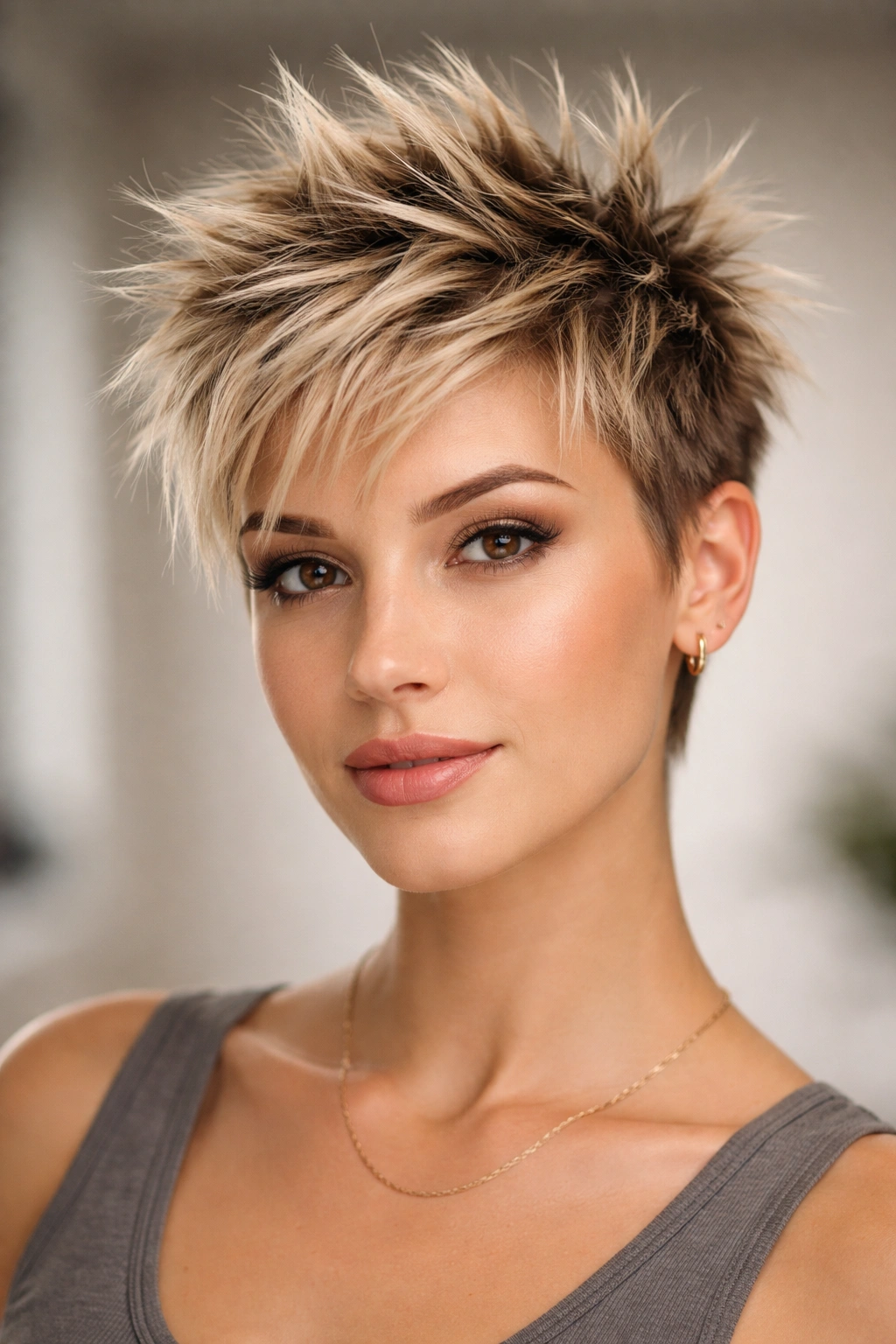 Frontal view of a spiky cropped hairstyle with upward spikes