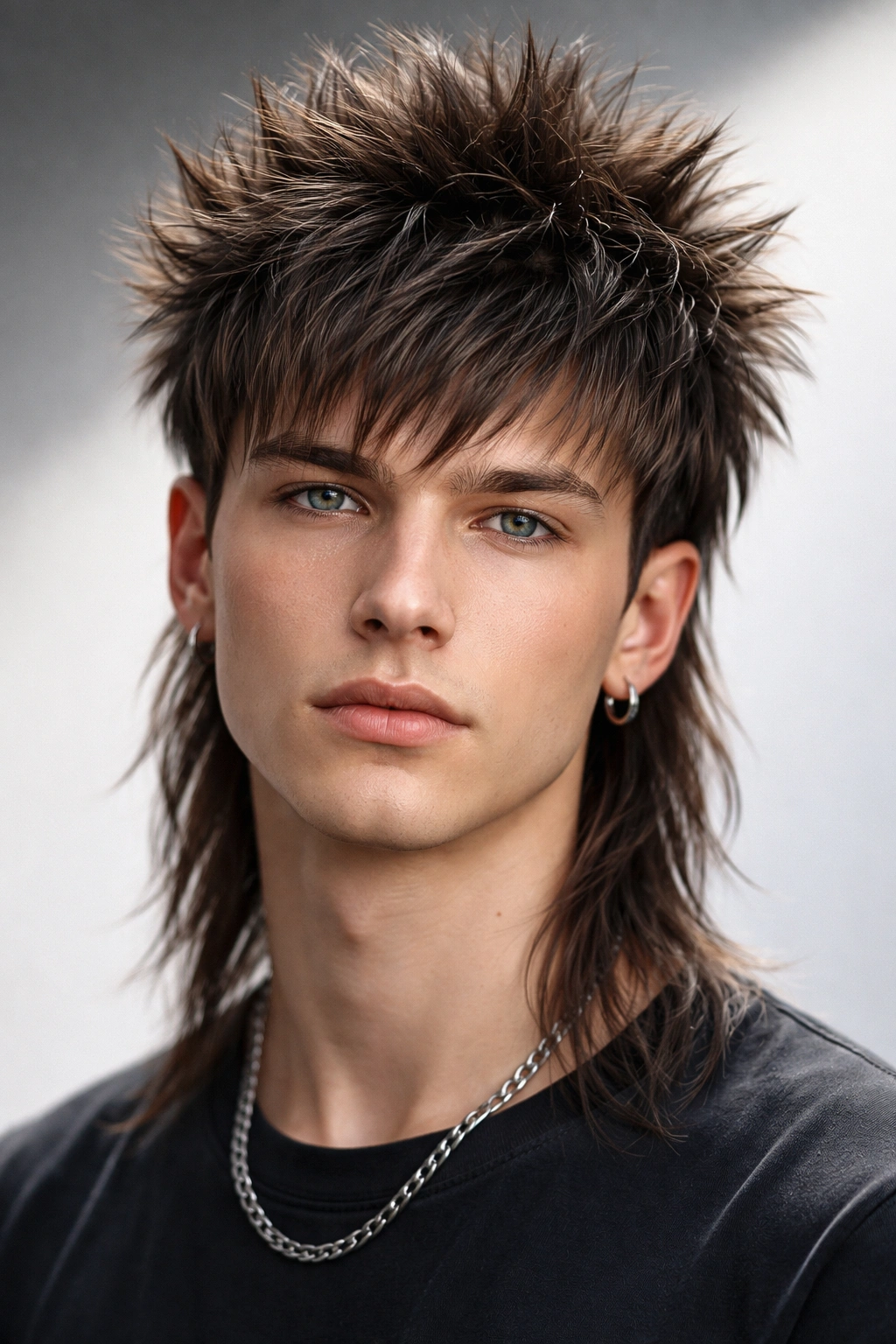 Spiky crown mullet with textured top and long back.