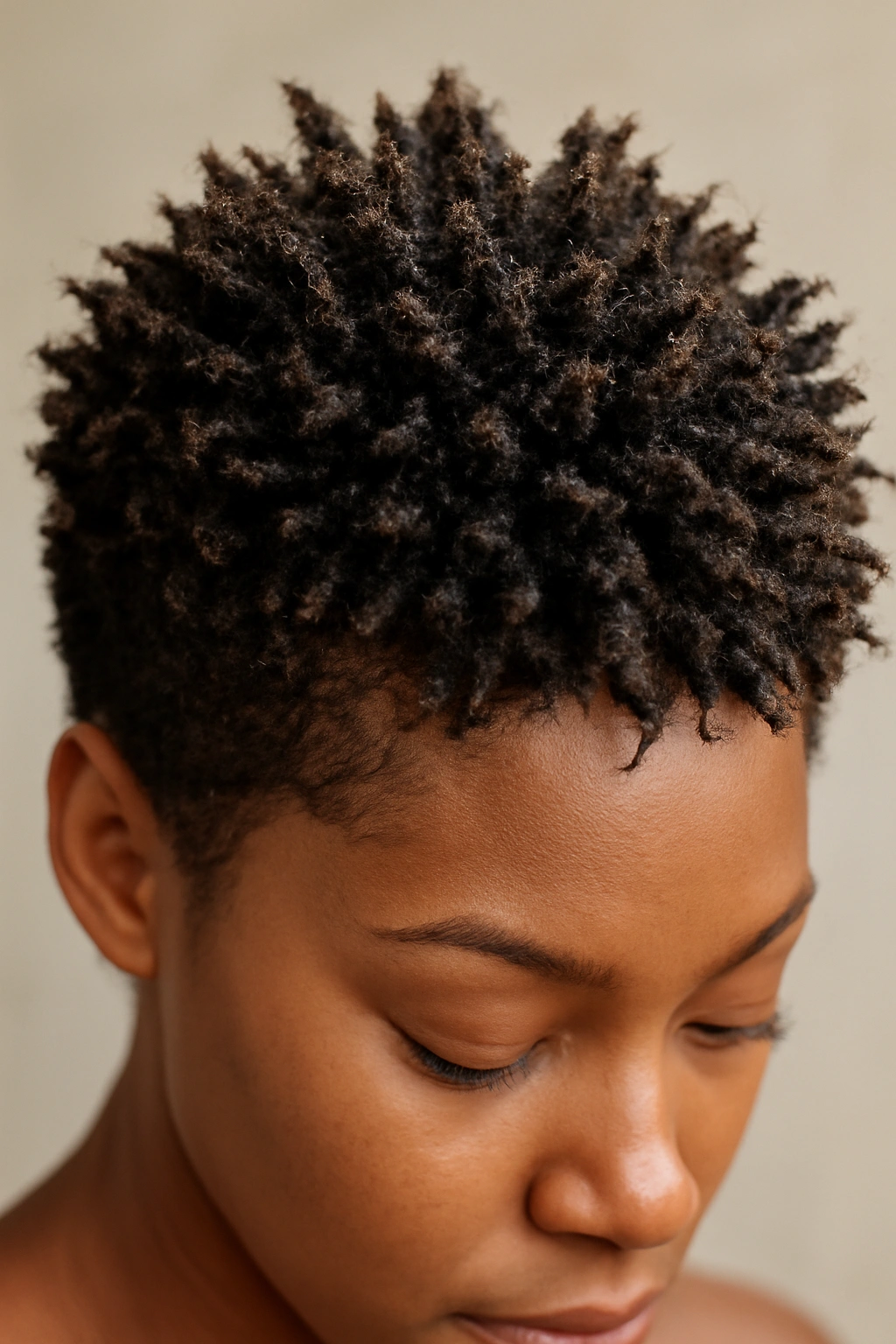12 Short Curly Natural Hairstyles for Black Women 11 Close-up of spiky curls with point-cut texture showing defined curl definition.