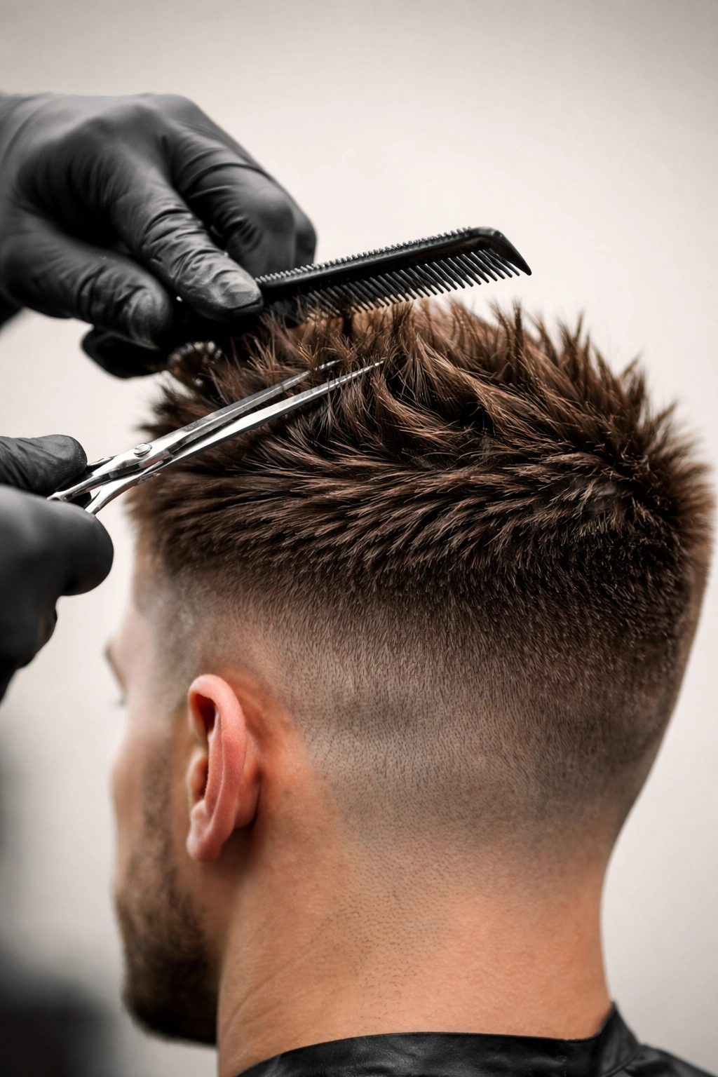 Hands trimming a short spiky hairstyle to maintain shape.