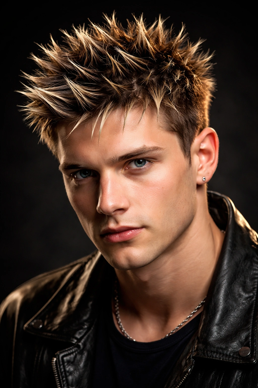 Male model with short spiky hair and subtle blonde highlights