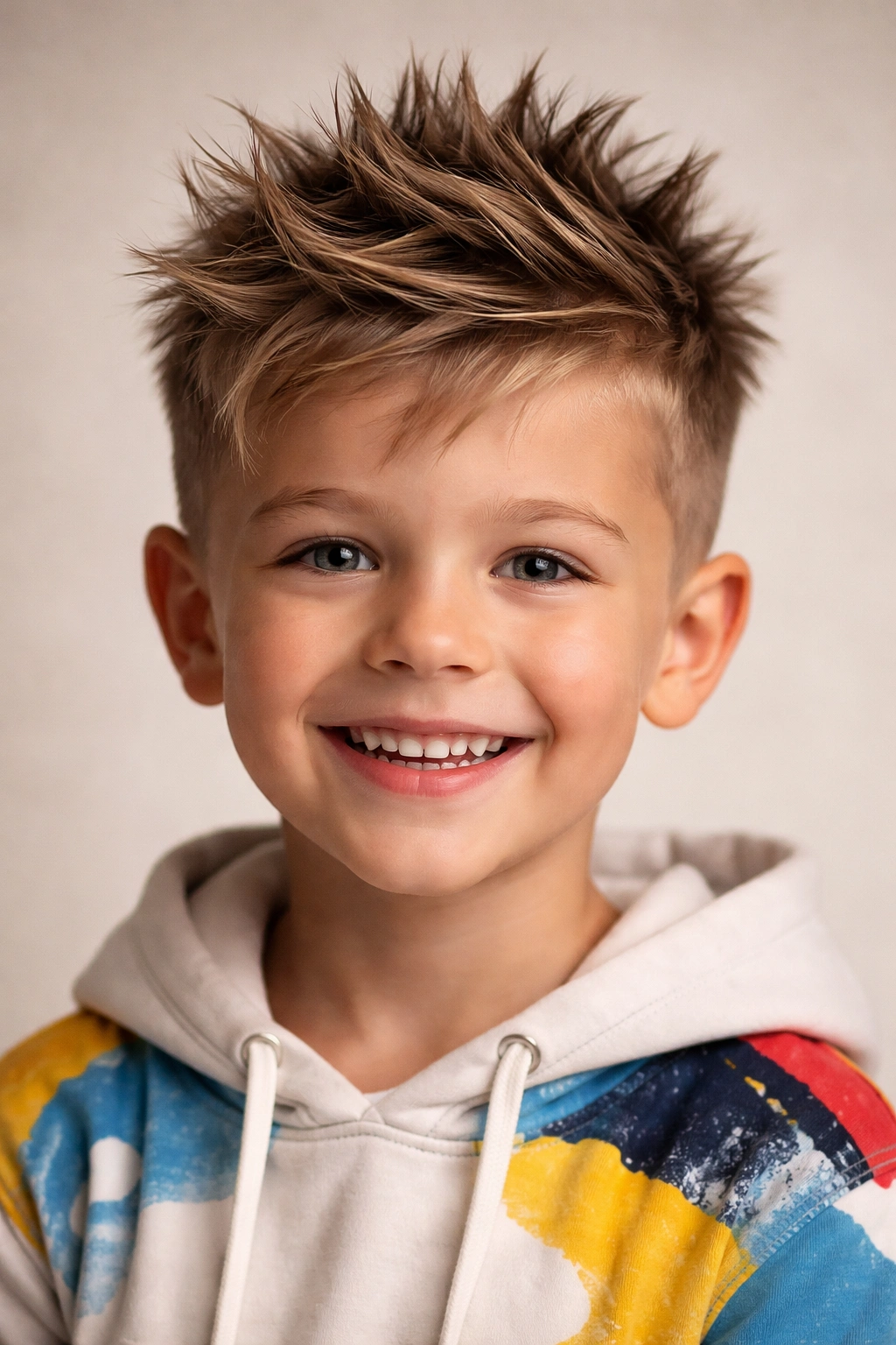 Close up of a boy spiky birthday bomber hairstyle with textured spikes on top and short sides