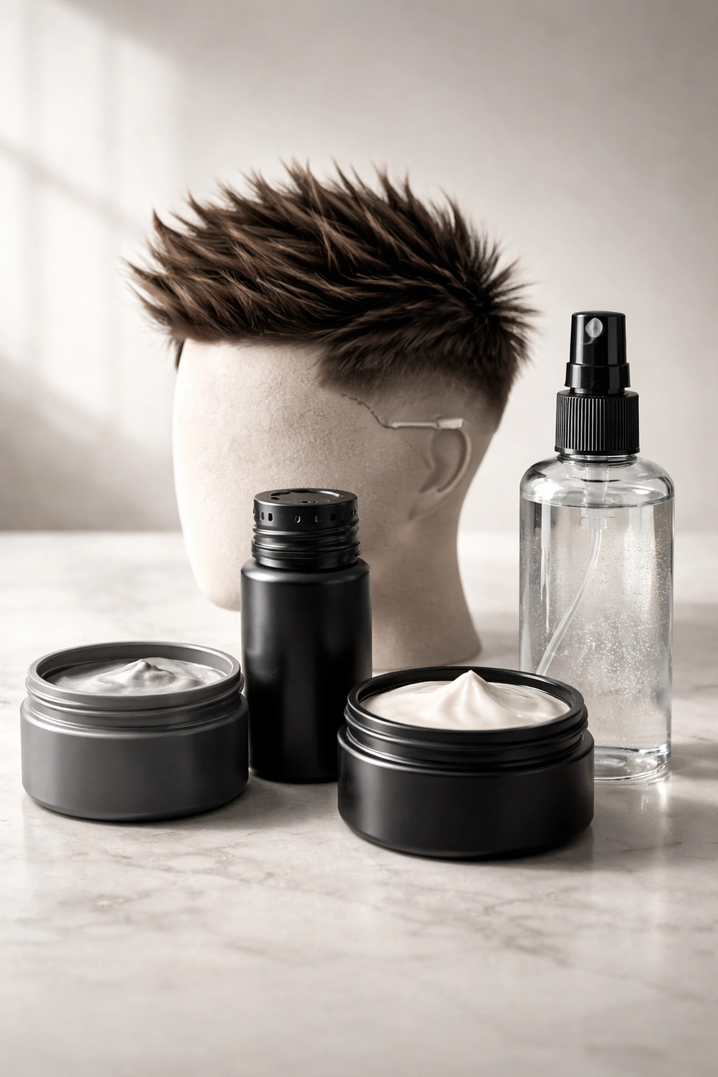 Unlabeled styling products and a small spiky-hair mannequin head on a clean surface.
