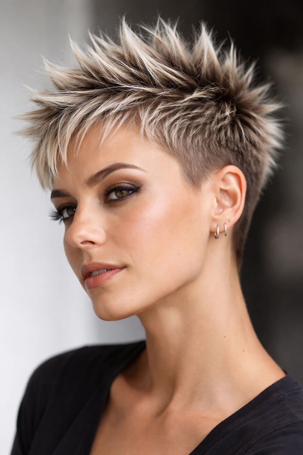 Going Super Short 15 Bold Haircuts To Consider 12 Portrait of a person with a spiky cut showing upward spikes