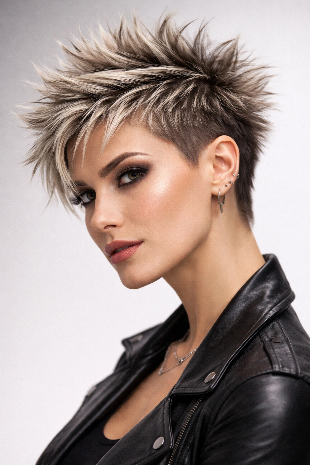 Portrait of a woman with a spiky pixie cut styled upward for an edgy look.