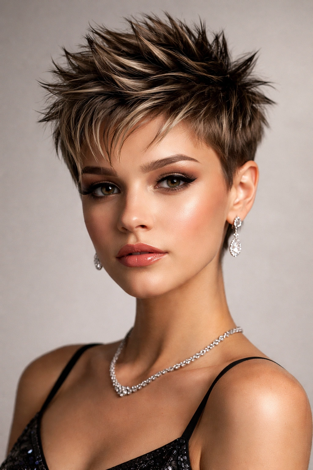 Close-up of a short pixie with spiky texture and gel shine