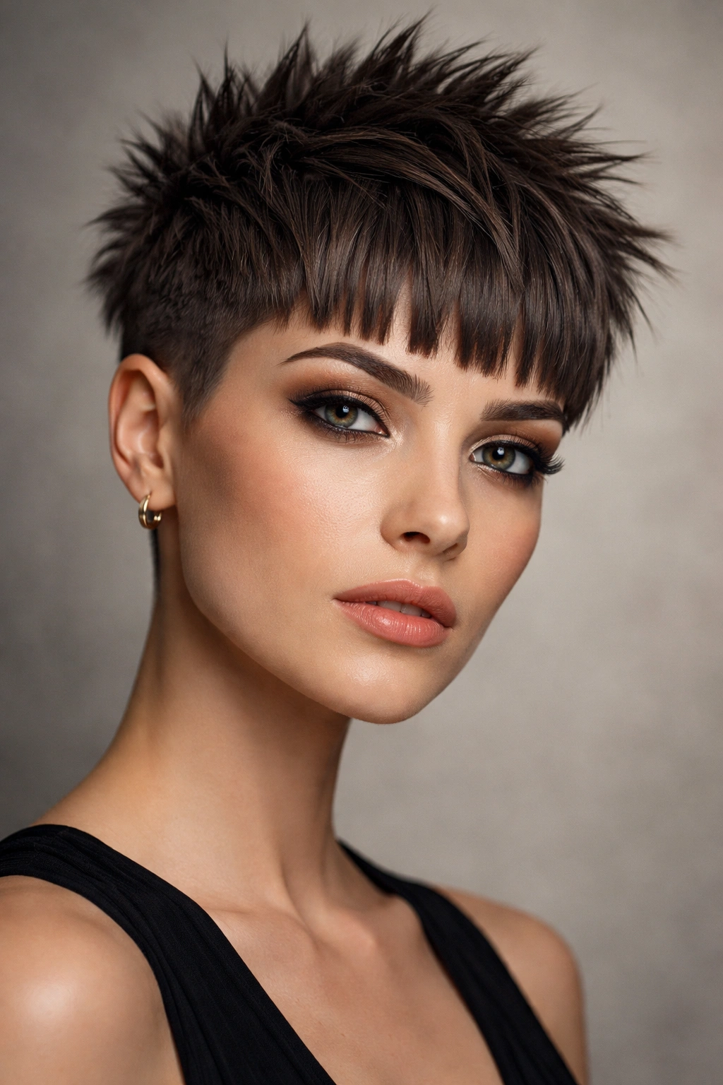 18 Pixie Cuts With Bangs For Any Face Shape 13 Close-up portrait of a person with a spiky textured pixie and geometric blunt bangs