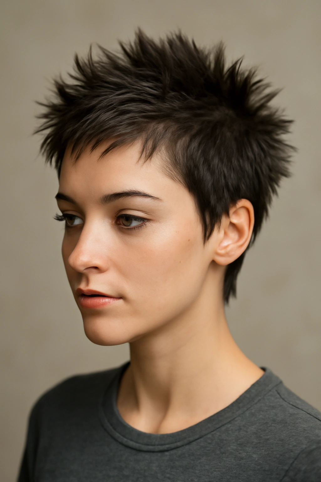 Close-up of a spiky pixie hairstyle with textured layers
