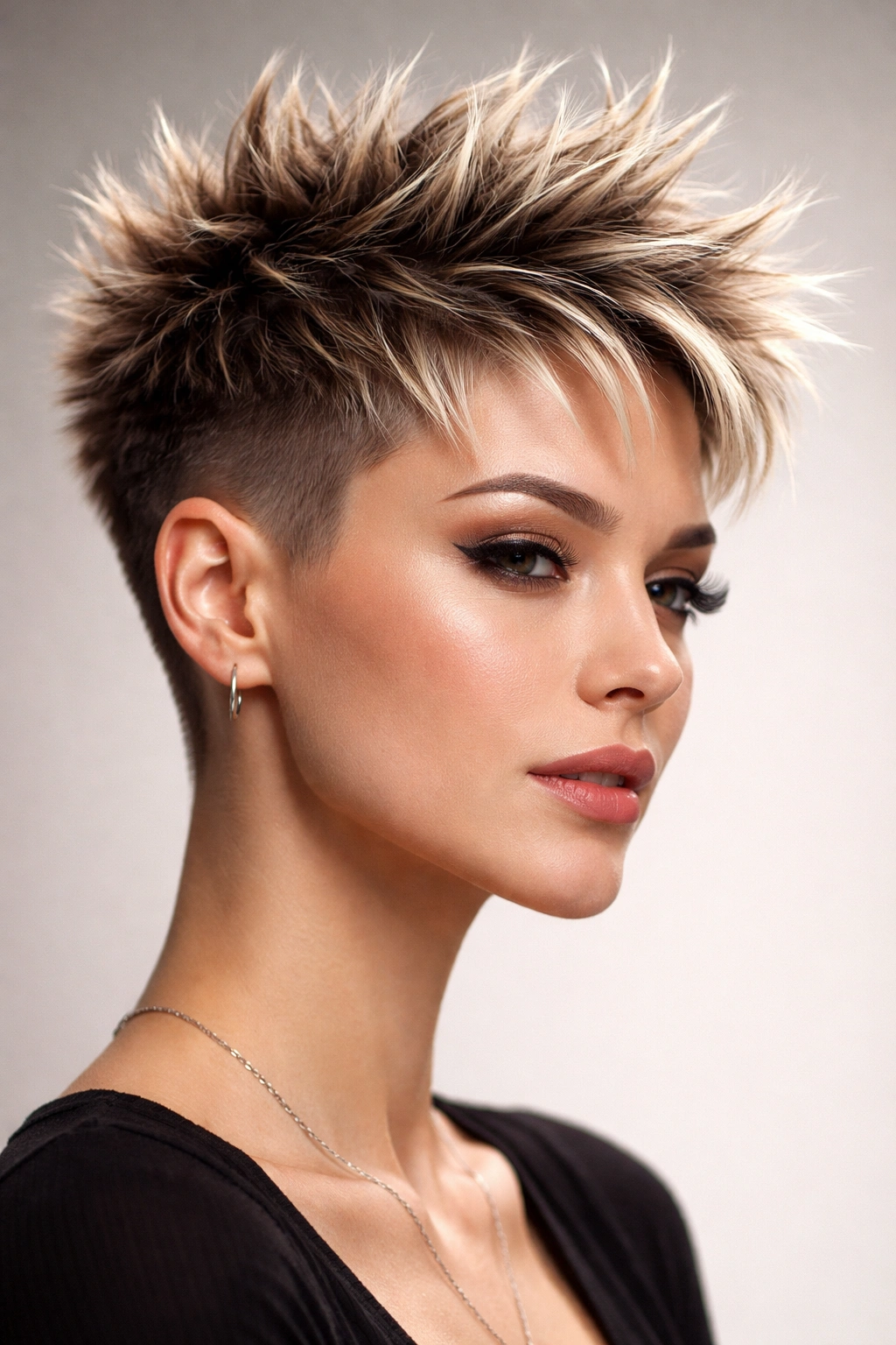 Close-up of a spiky pixie hairstyle with tall spikes and faded sides.