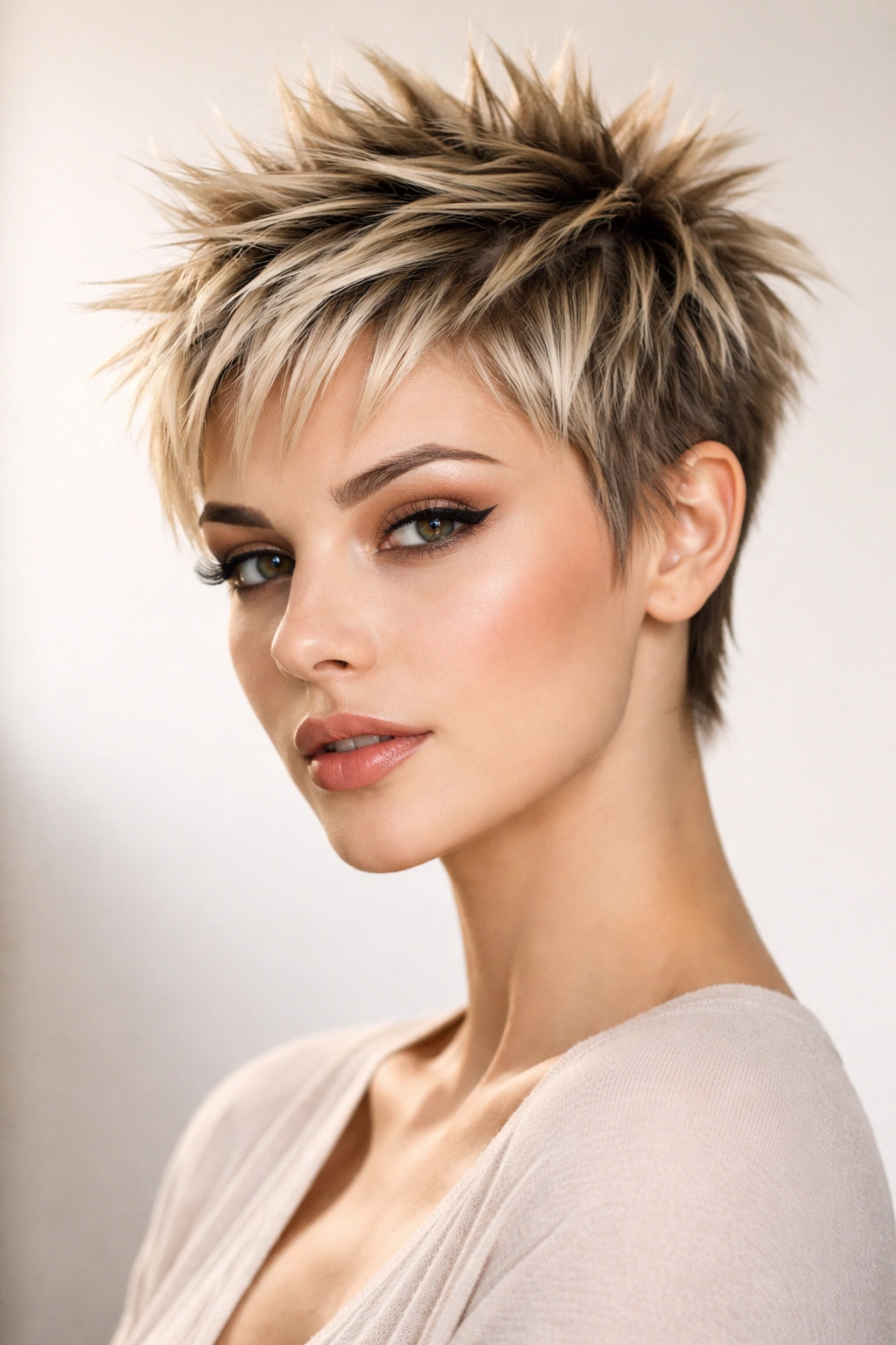 Close-up of spiky pixie cut with upward crown spikes on a model