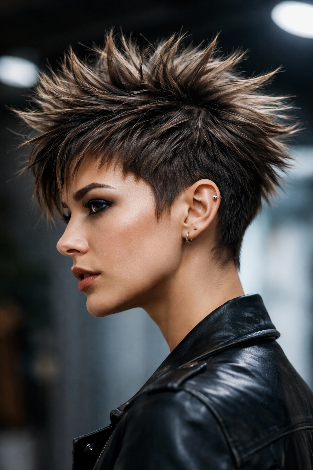 Spiky choppy pixie with defined spikes in studio portrait