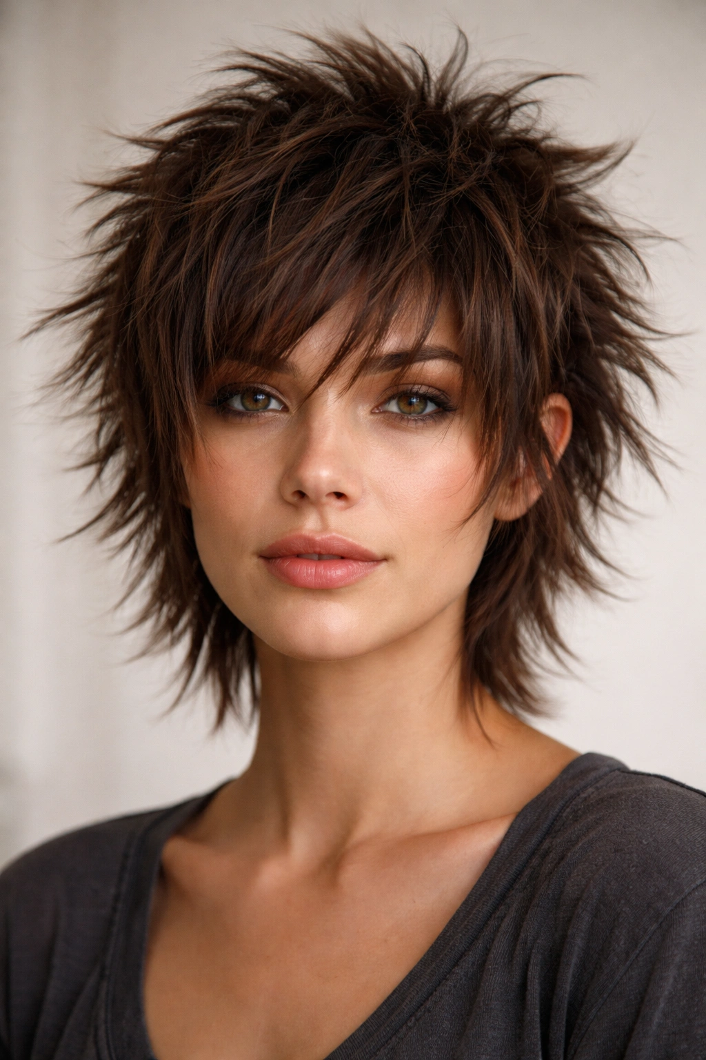 Close-up of a short shag with messy, spiky texture and choppy layers.