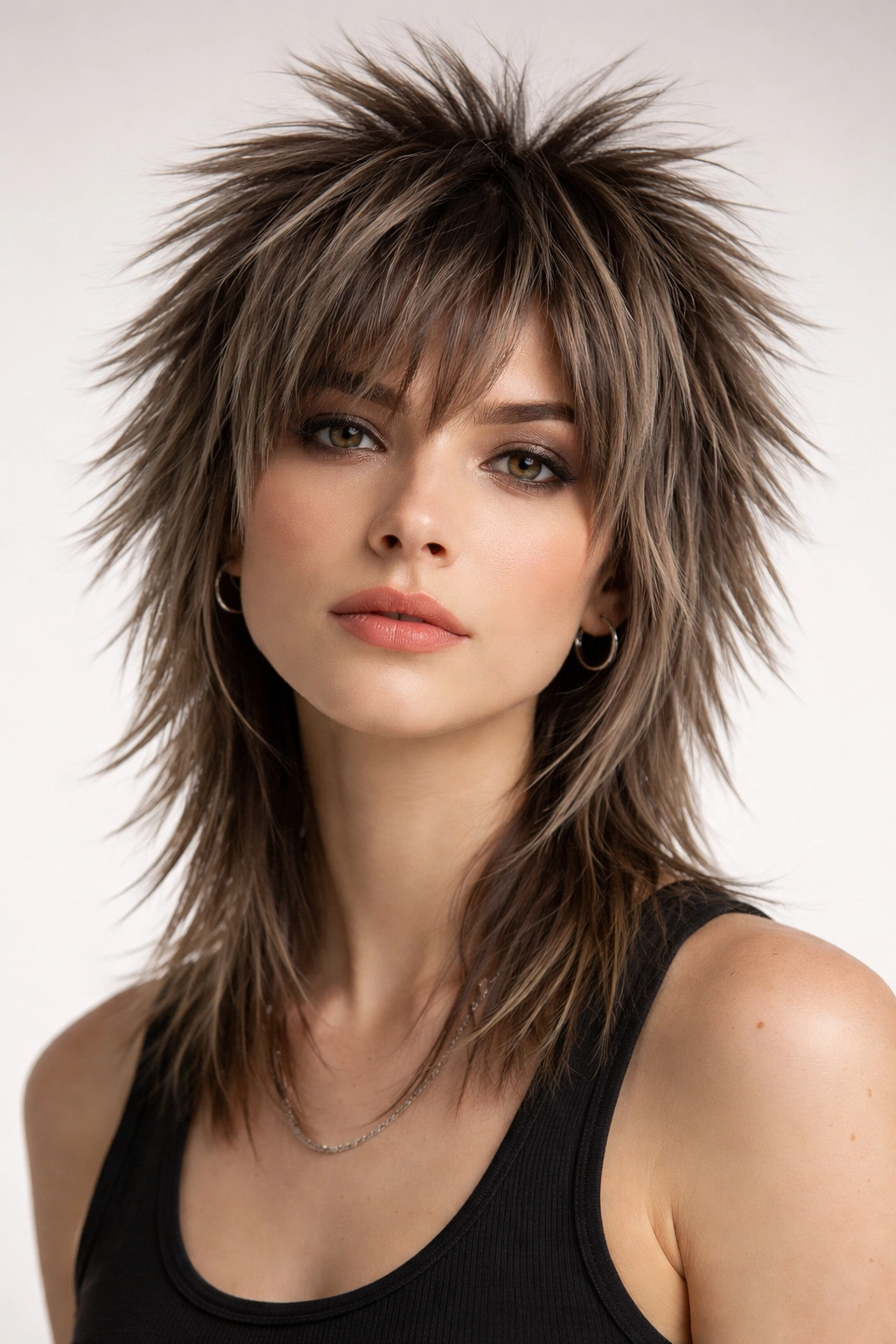 15 Medium Shag Haircuts For Straight Or Wavy Hair 13 Close-up of a person with bold spiky textured shag on straight hair in a studio