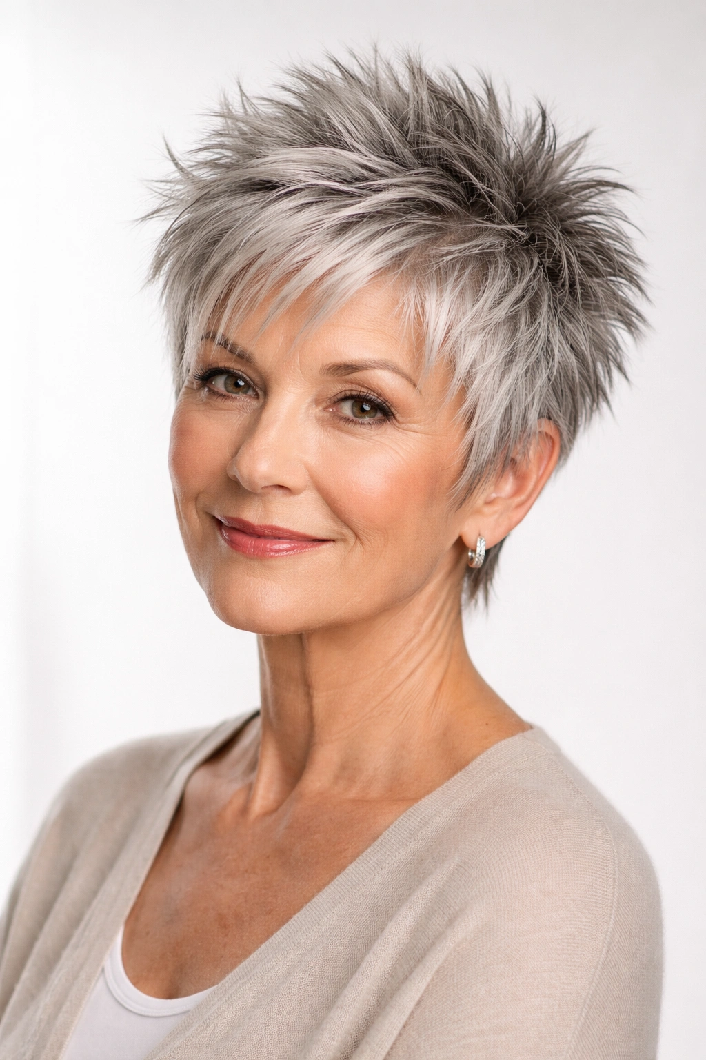 Close-up of a woman with a short spiky textured cut showing dimension in gray hair