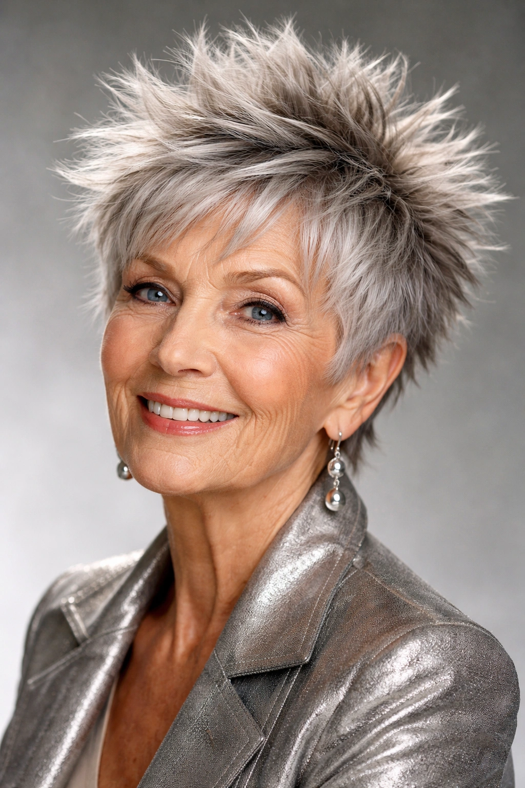 Elderly woman with spiky short haircut showing textured spikes.