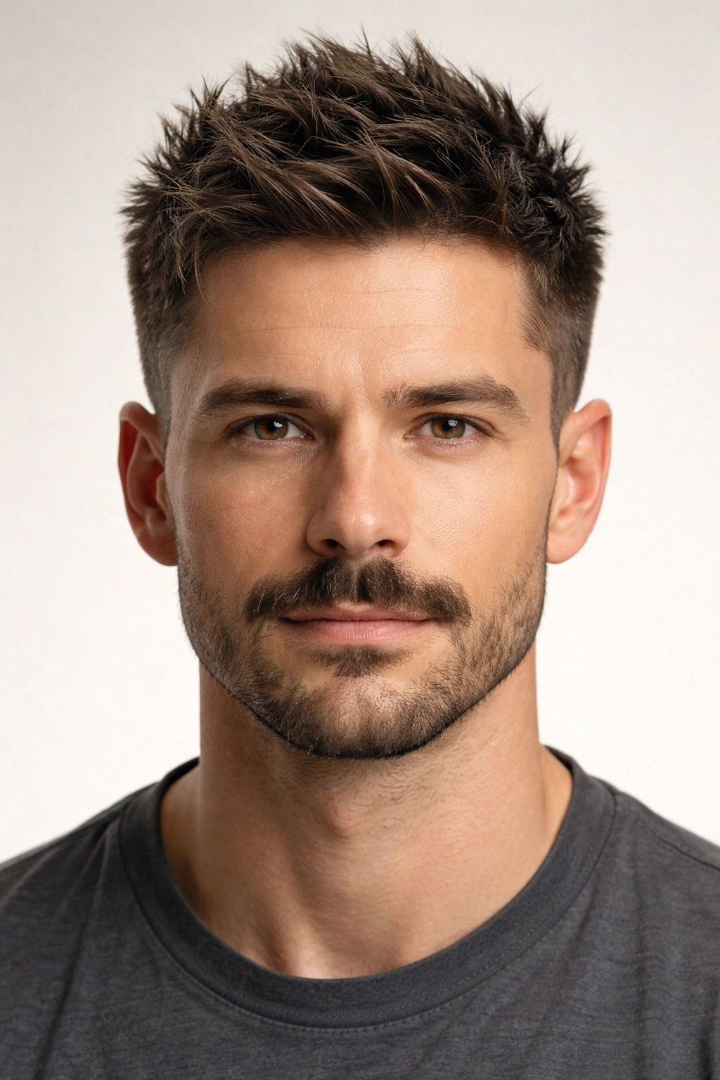 Portrait of a man with textured spiky hair, a short beard, and mustache.