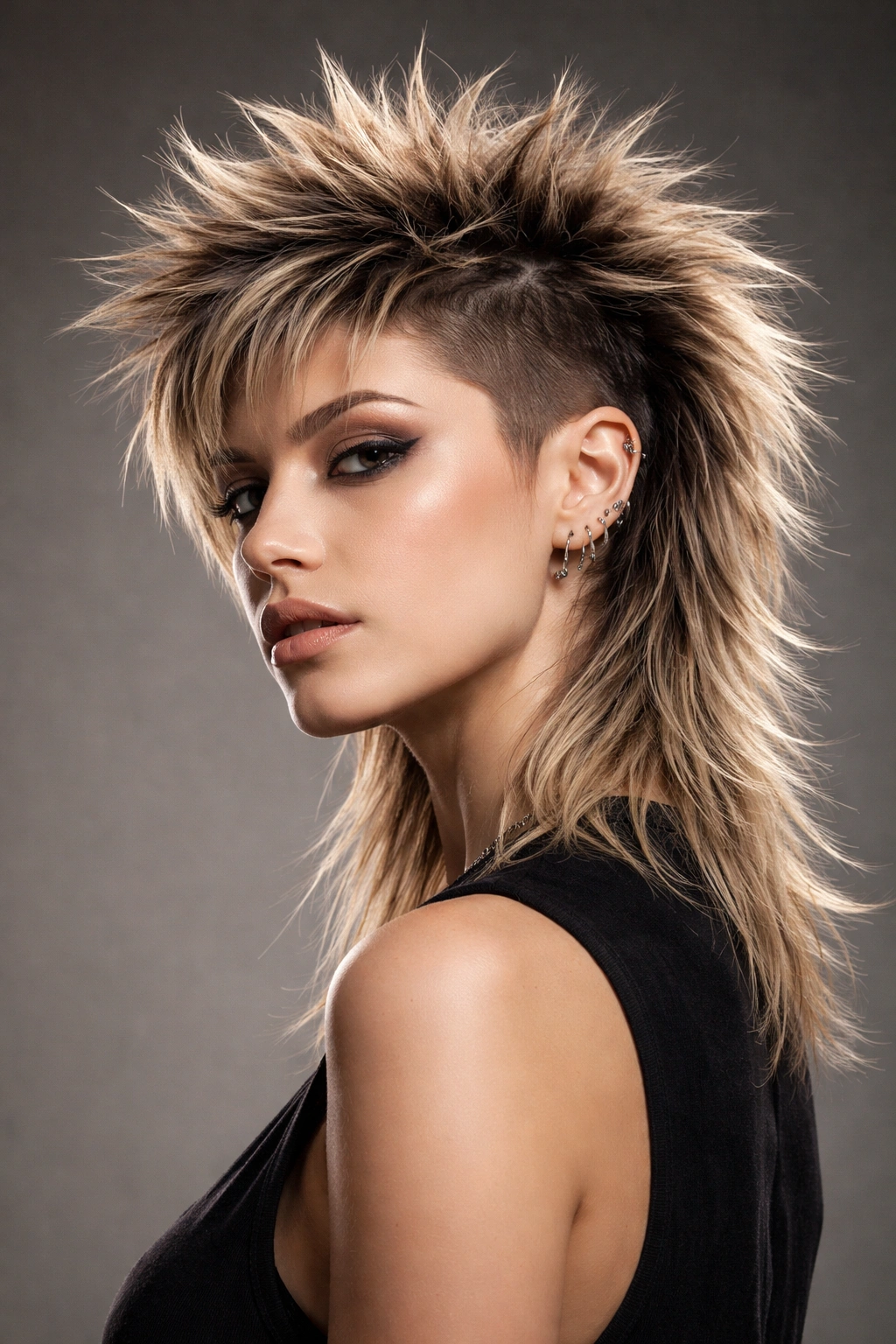 Portrait highlighting a spiky textured mullet undercut with high-volume top