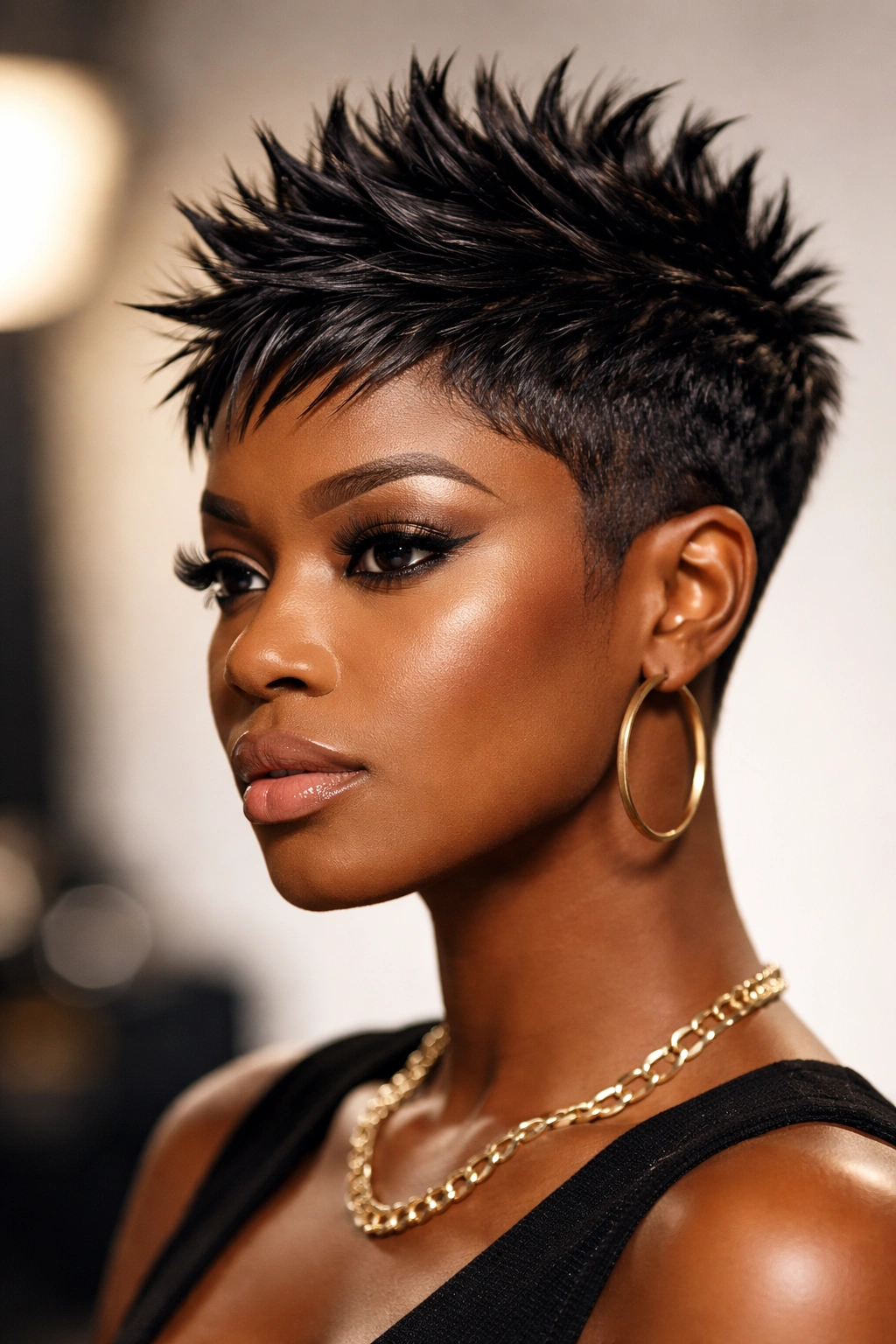 Close-up of a woman with short spiky textured weave.
