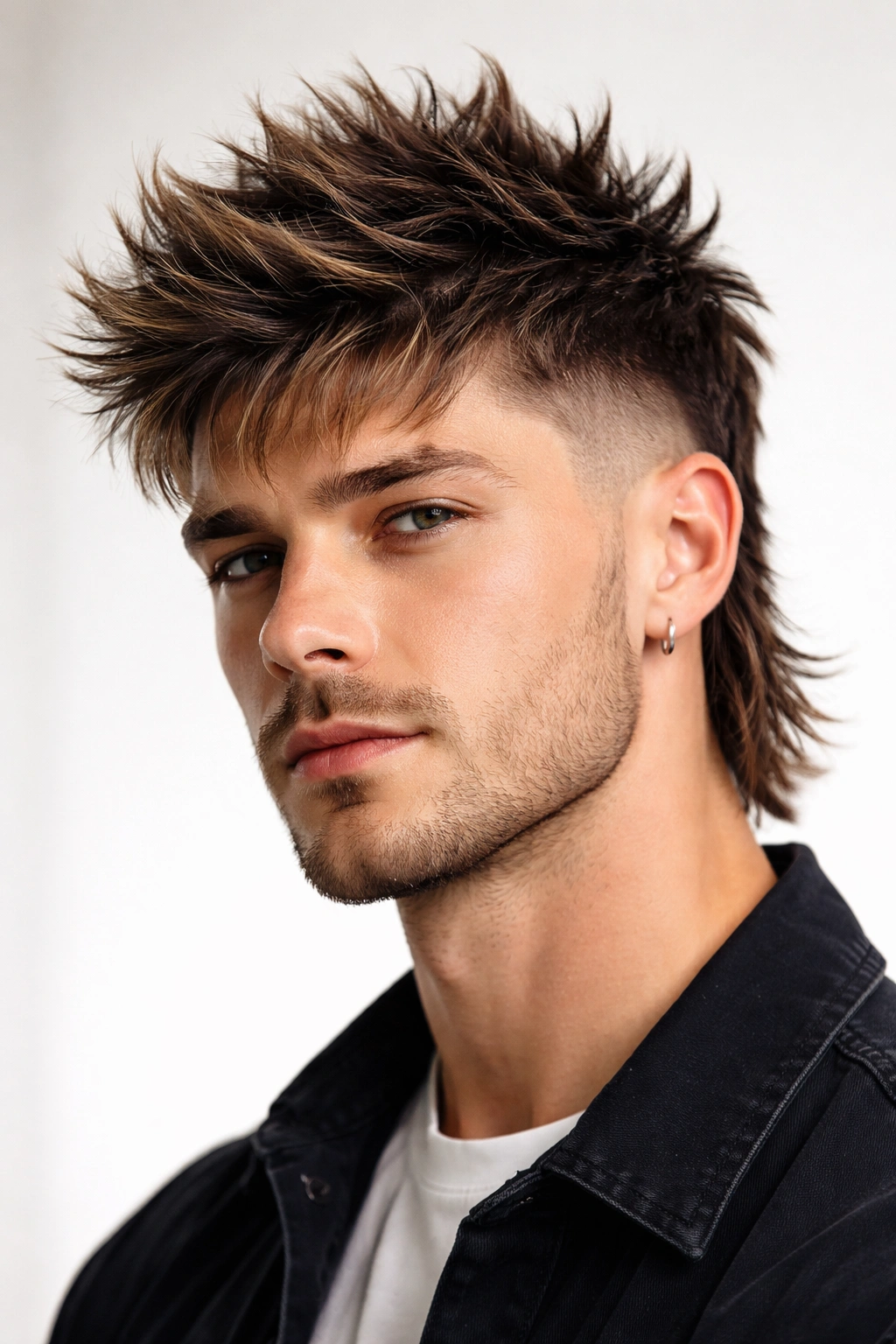 Frontal view of a man with a spiky top mullet and faded sides