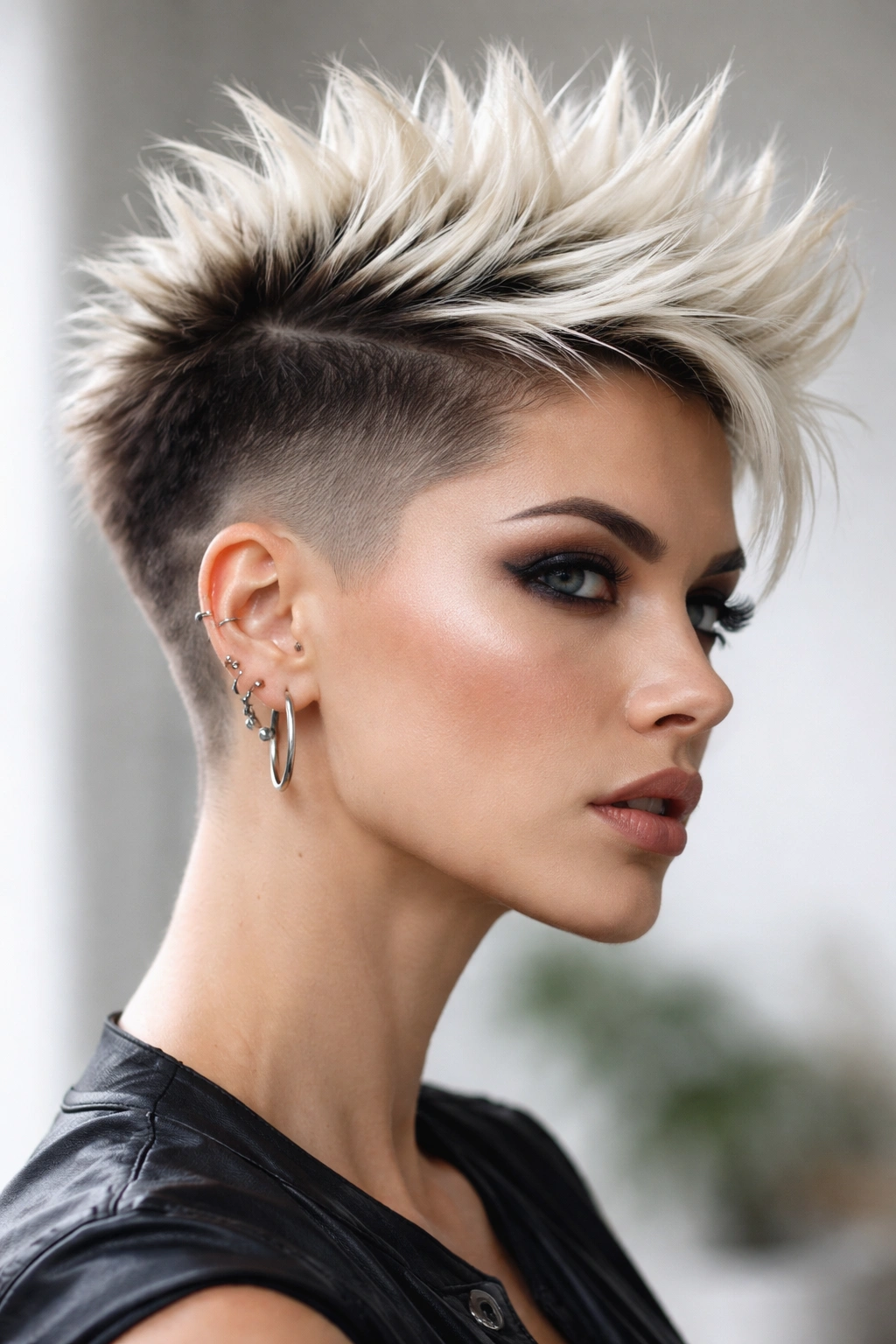 12 Short Haircuts With Shaved Sides For Bold Women 7 Close-up of a woman’s spiky undercut with a bleached platinum top.