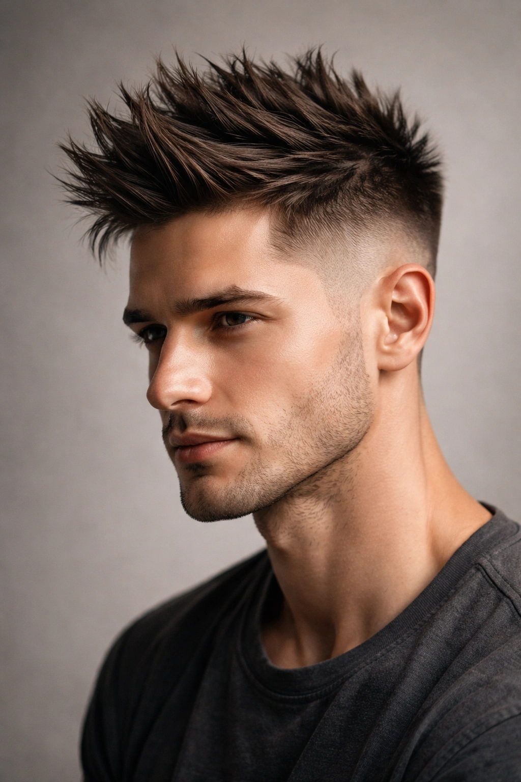 15 Short Haircuts Made For Heart Shaped Faces 13 Close-up of a man with a bold spiky undercut and faded sides under studio lighting