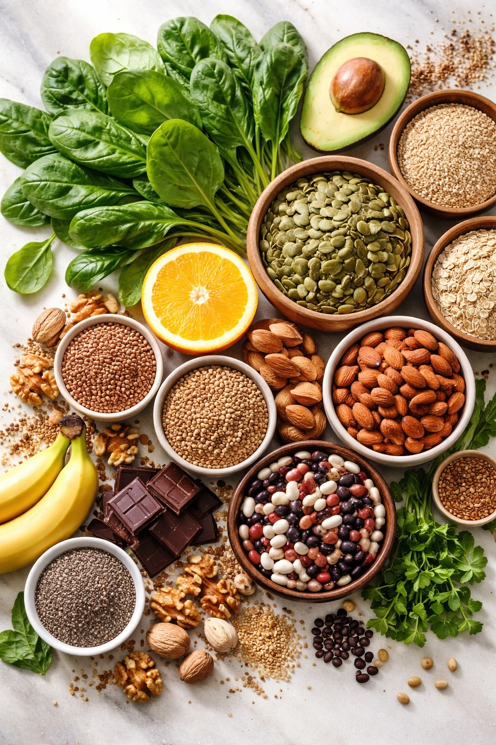 Spinach leaves and pumpkin seeds showcasing magnesium-rich foods