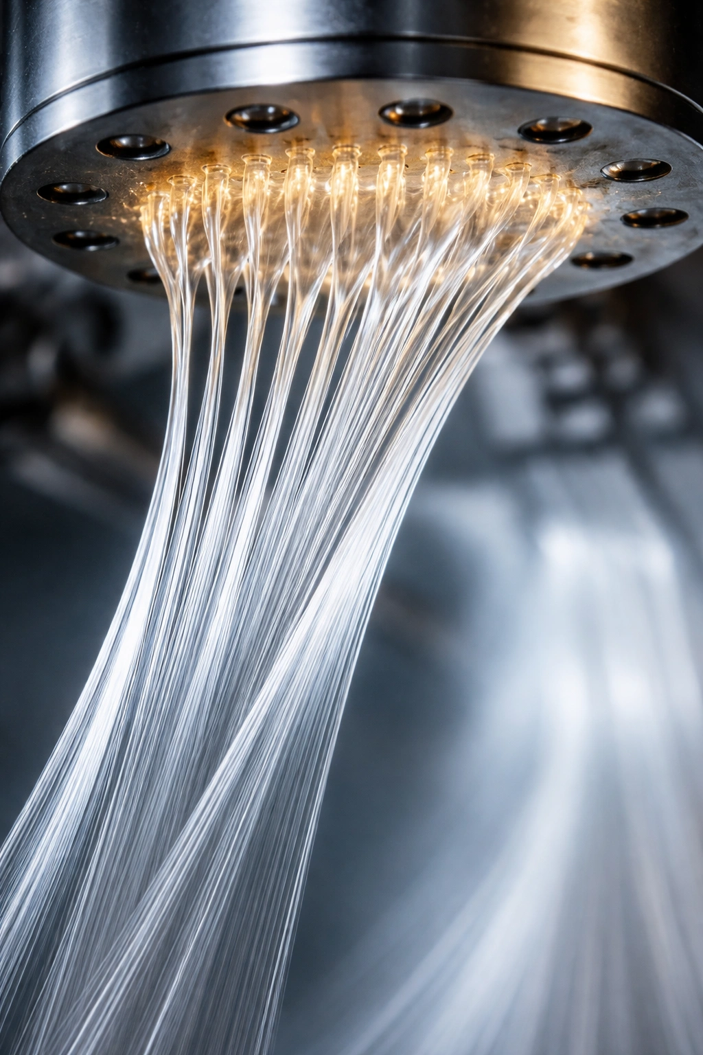 Macro view of plastic fibers forming from a spinneret during manufacturing