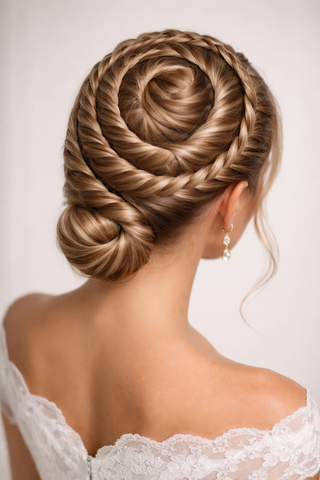 Spiral braid wrapping around the head in a circular snail-shell pattern