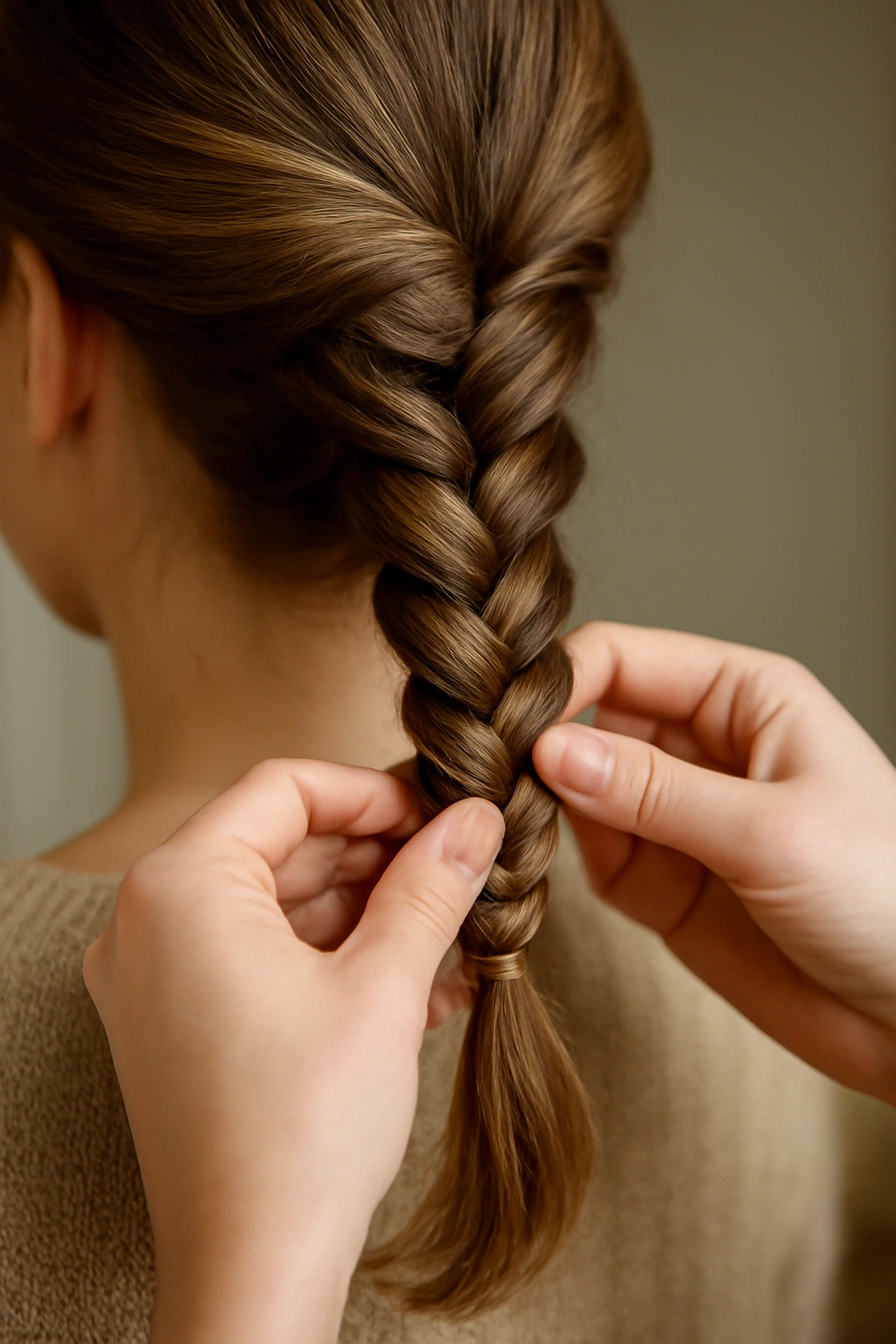 End of spiral braid being wrapped with remaining hair and secured at the nape