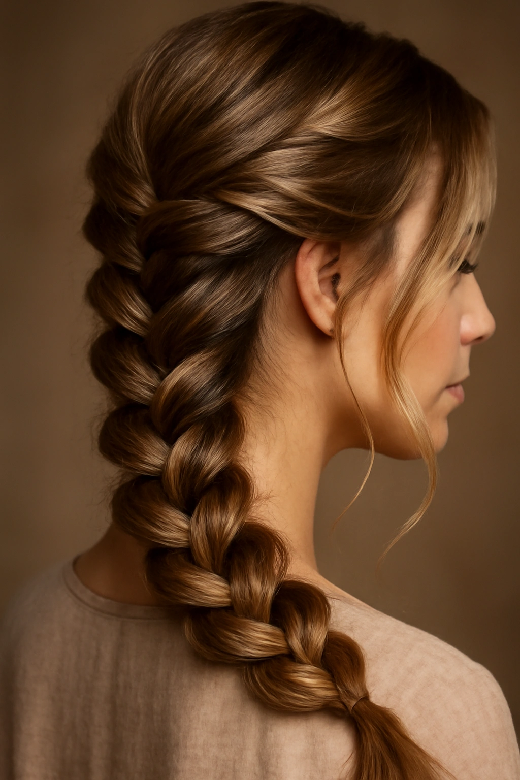 Spiral braid with textured edges and face-framing strands for romantic look