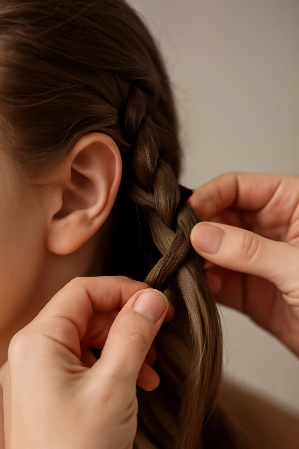 How to Do a Spiral Braid at Home Step by Step 6 Three strands braided at base showing spiraling rotation around head