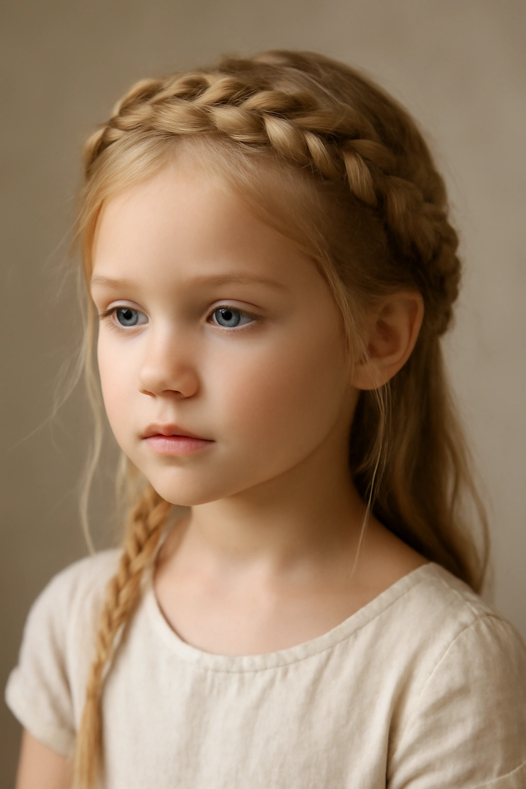 10 Braided Crown Hairstyles Every Flower Girl Needs 7 Close-up of a flower girl wearing a spiral crown of delicate Dutch braids with side braids