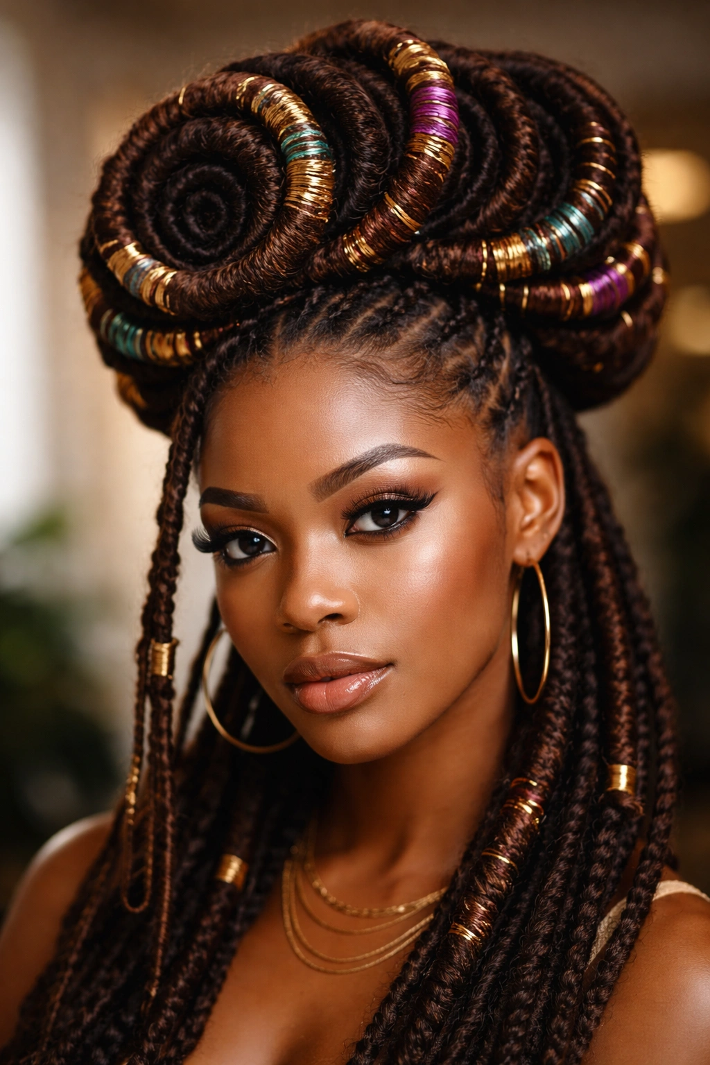Crown of spiral wrapped locs with colorful thread on the crown area