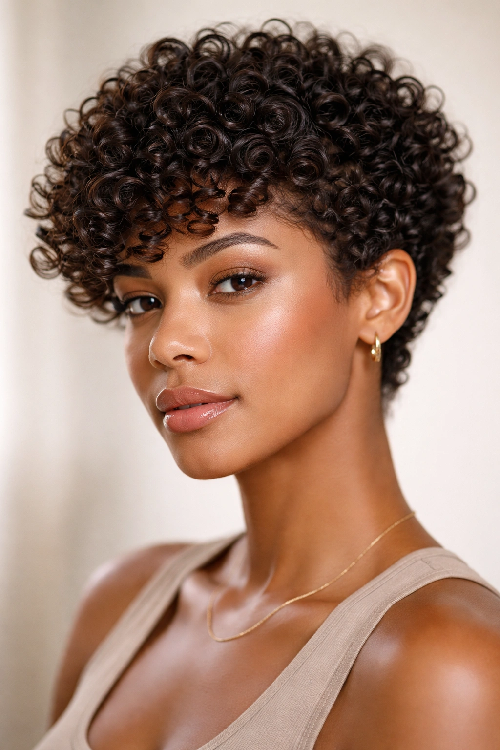 Close-up of short spiral curls with defined patterns following natural spirals